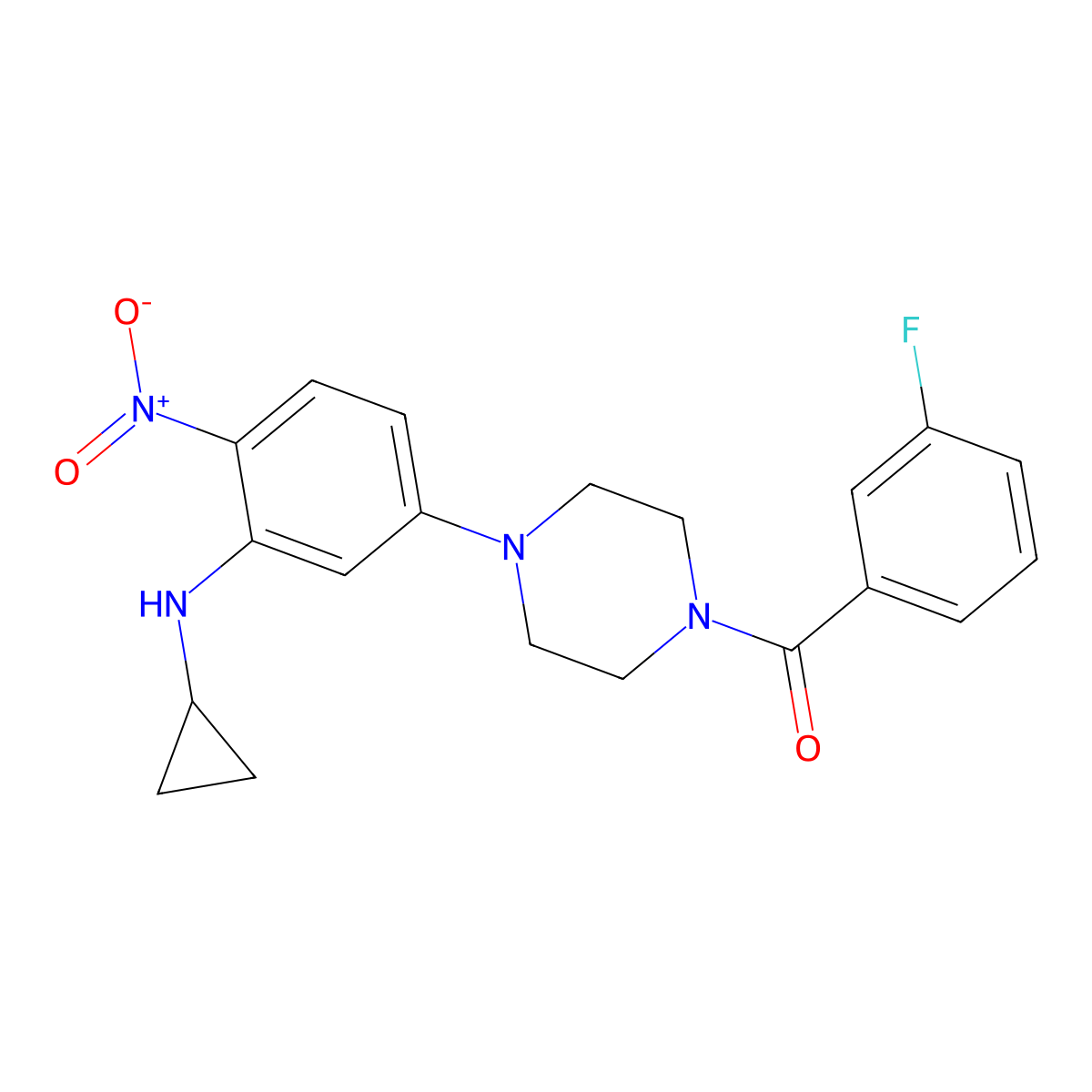 [4-[3-(Cyclopropylamino)-4-nitrophenyl]piperazin-1-yl]-(3-fluorophenyl)methanone molecular structure, CAS 347355-47-9