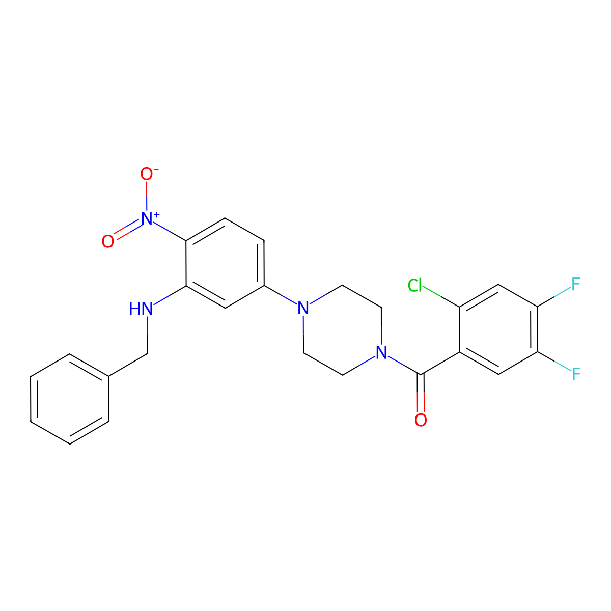 {4-[3-(Benzylamino)-4-nitrophenyl]piperazin-1-yl}(2-chloro-4,5-difluorophenyl)methanone molecular structure, CAS 347355-58-2