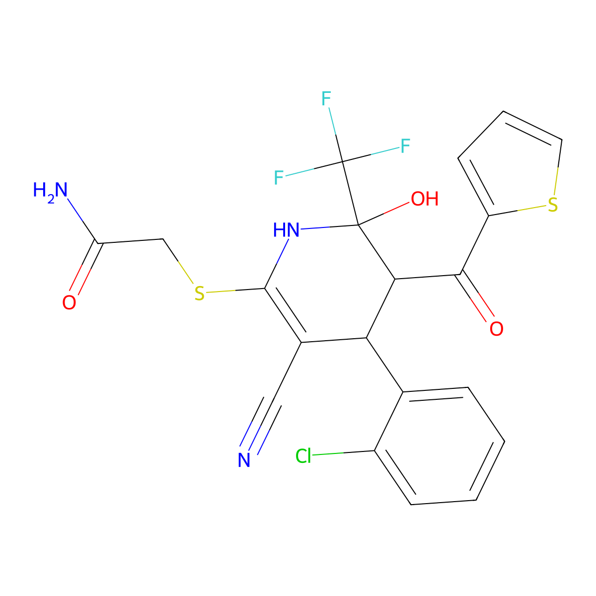 2-((4-(2-Chlorophenyl)-3-cyano-6-hydroxy-5-(thiophene-2-carbonyl)-6-(trifluoromethyl)-1,4,5,6-tetrahydropyridin-2-yl)thio)acetamide molecular structure, CAS 347363-75-1