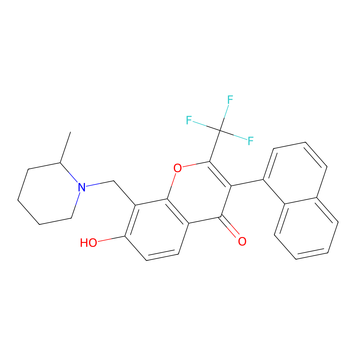 7-Hydroxy-8-[(2-methylpiperidin-1-yl)methyl]-3-naphthalen-1-yl-2-(trifluoromethyl)chromen-4-one molecular structure, CAS 347364-32-3
