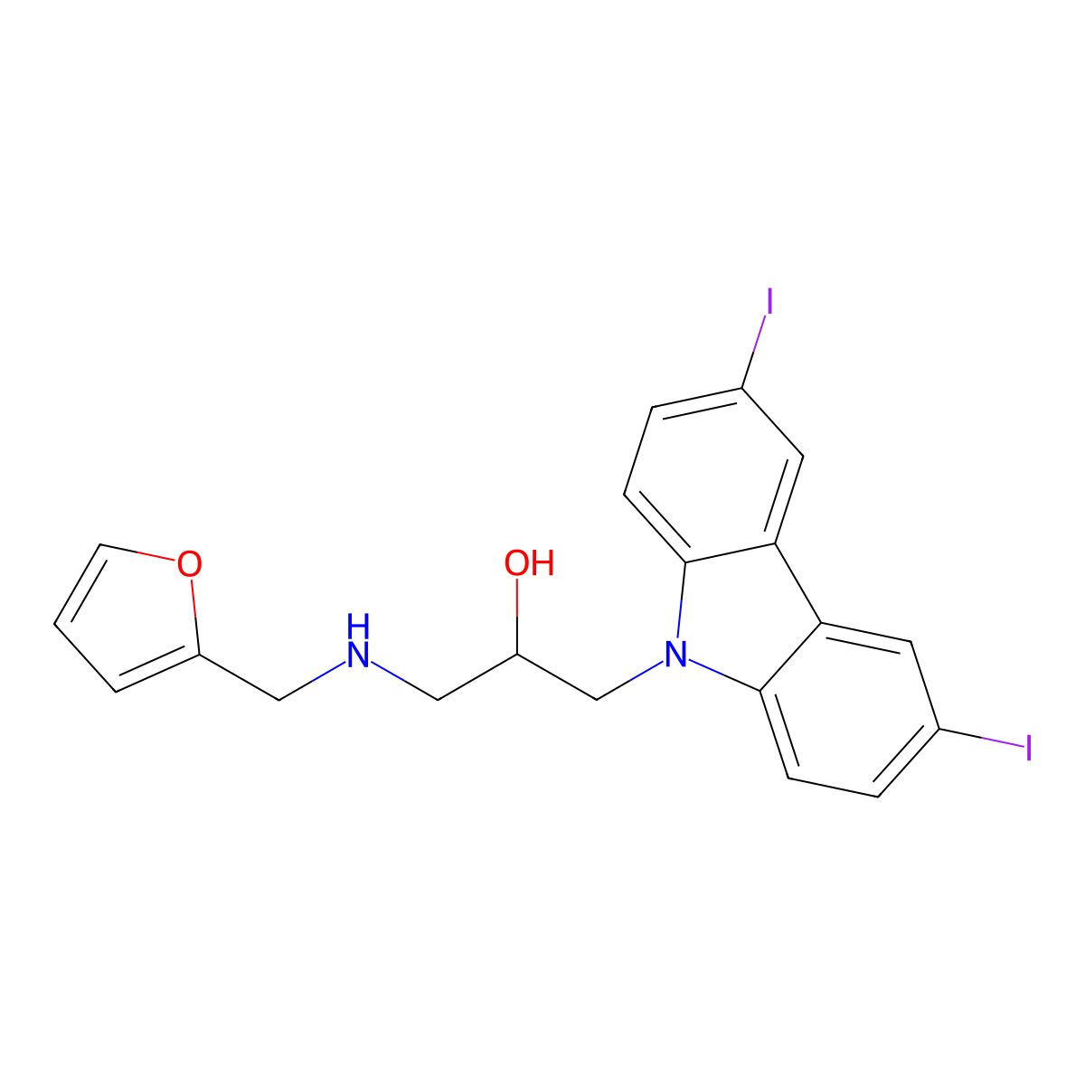 9H-Carbazole-9-ethanol, alpha-[[(2-furanylmethyl)amino]methyl]-3,6-diiodo- molecular structure, CAS 347368-29-0