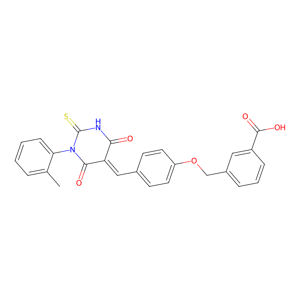 3-[(4-{(E)-[1-(2-methylphenyl)-4,6-dioxo-2-thioxotetrahydropyrimidin-5(2H)-ylidene]methyl}phenoxy)methyl]benzoic acid molecular structure, CAS 347379-29-7