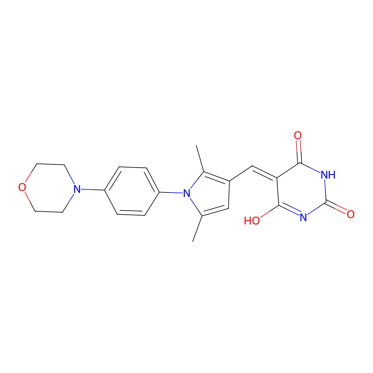 5-[[2,5-Dimethyl-1-(4-morpholin-4-ylphenyl)pyrrol-3-yl]methylidene]-1,3-diazinane-2,4,6-trione molecular structure, CAS 347379-30-0