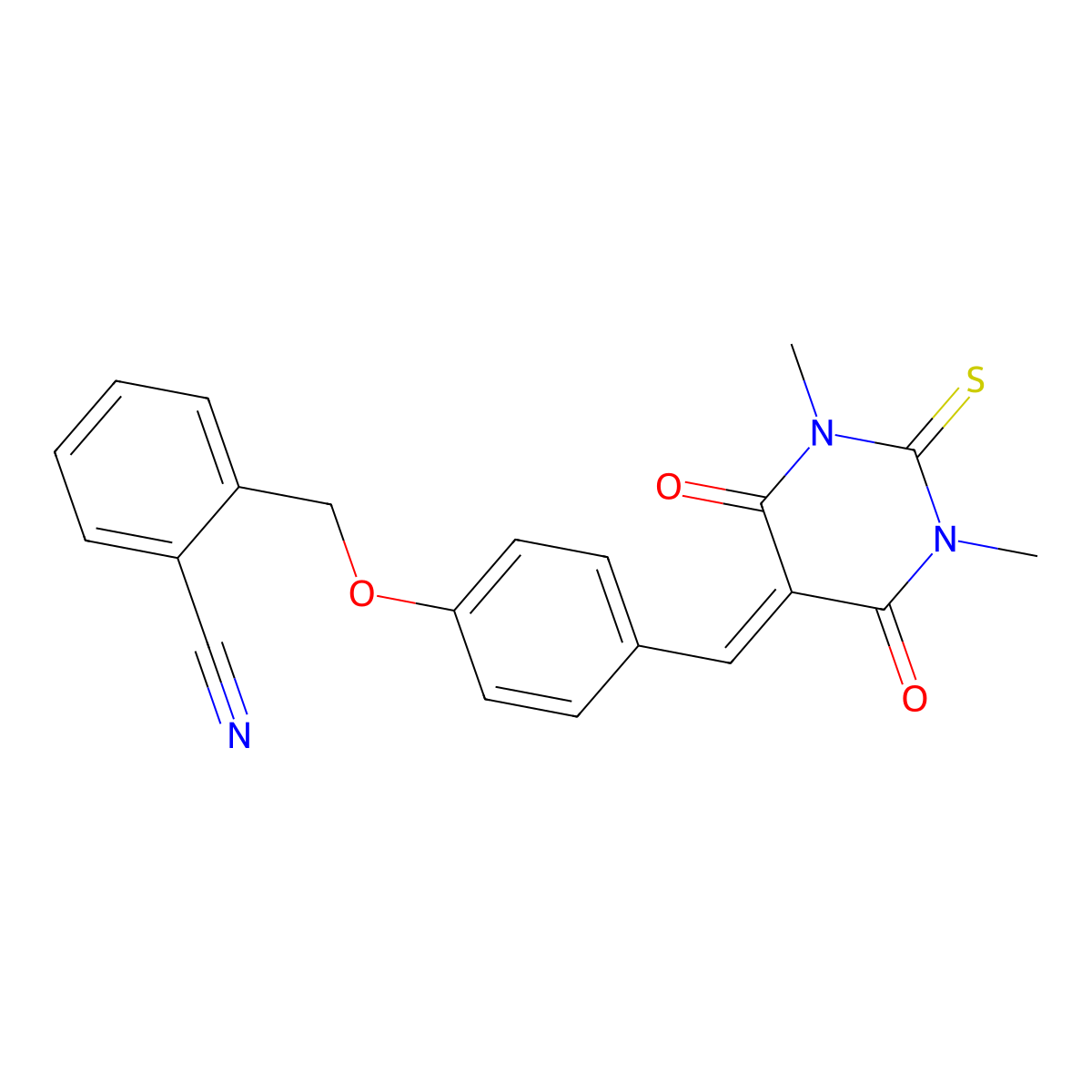 2-[[4-[(1,3-Dimethyl-4,6-dioxo-2-sulfanylidene-1,3-diazinan-5-ylidene)methyl]phenoxy]methyl]benzonitrile molecular structure, CAS 347386-14-5