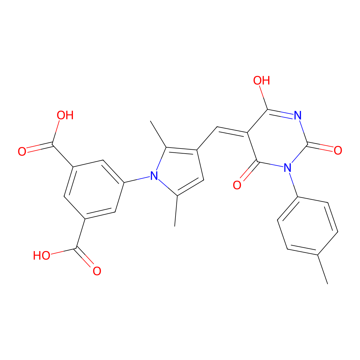 5-[2,5-Dimethyl-3-[[1-(4-methylphenyl)-2,4,6-trioxo-1,3-diazinan-5-ylidene]methyl]pyrrol-1-yl]benzene-1,3-dicarboxylic acid molecular structure, CAS 347386-96-3