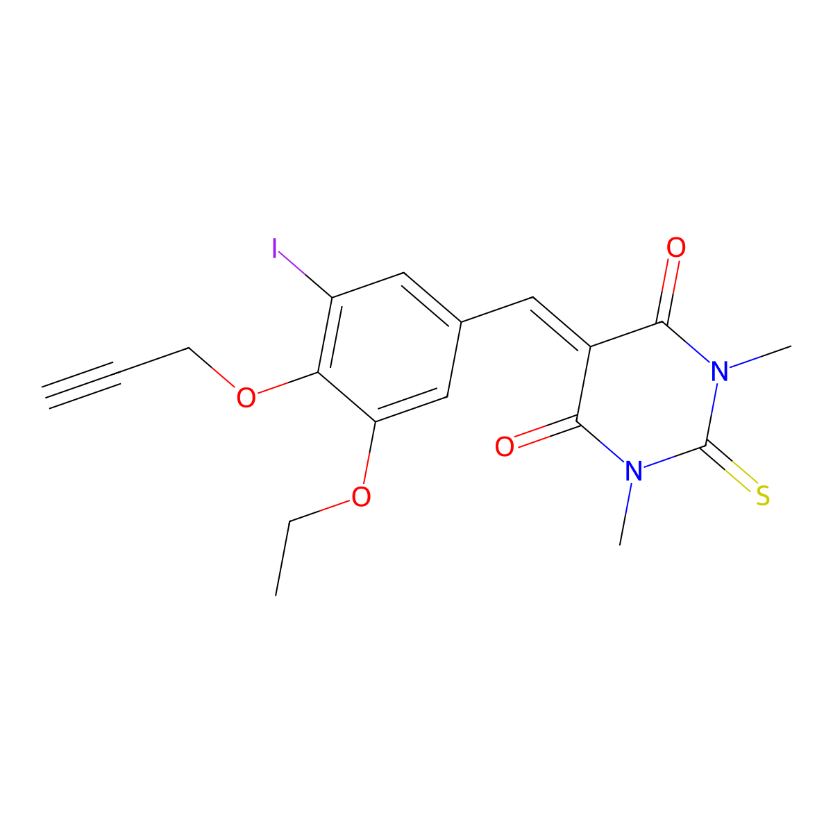5-[(3-Ethoxy-5-iodo-4-prop-2-ynoxyphenyl)methylidene]-1,3-dimethyl-2-sulfanylidene-1,3-diazinane-4,6-dione molecular structure, CAS 347387-15-9