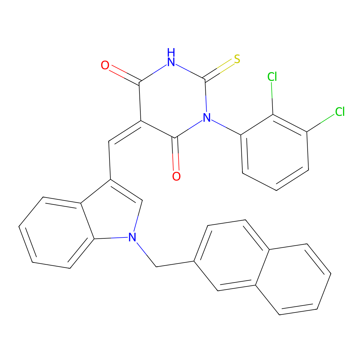 1-(2,3-Dichlorophenyl)-5-((1-(naphthalen-2-ylmethyl)-1H-indol-3-yl)methylene)-2-thioxodihydropyrimidine-4,6(1H,5H)-dione molecular structure, CAS 347387-93-3