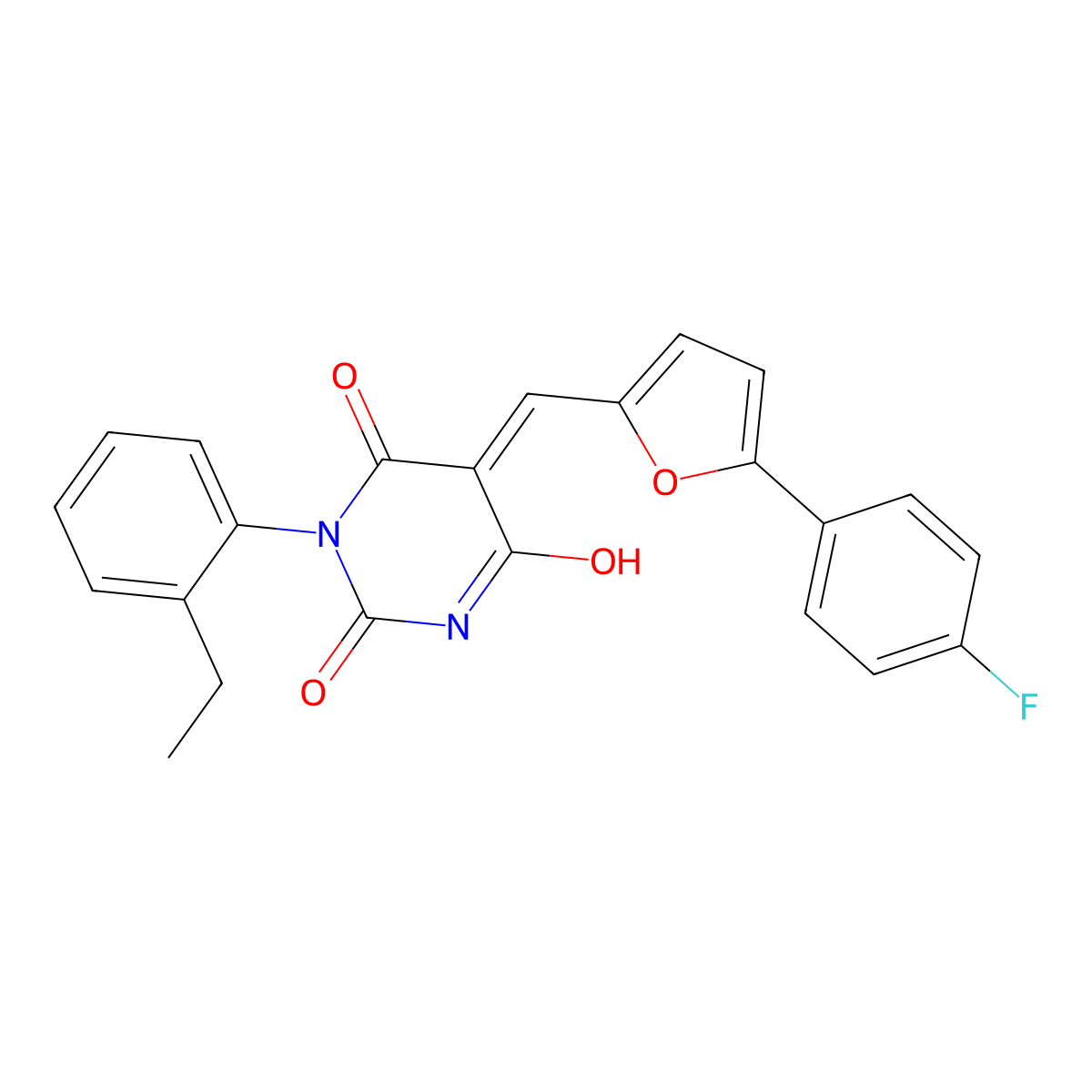 (5E)-1-(2-ethylphenyl)-5-[[5-(4-fluorophenyl)furan-2-yl]methylidene]-1,3-diazinane-2,4,6-trione molecular structure, CAS 347397-83-5