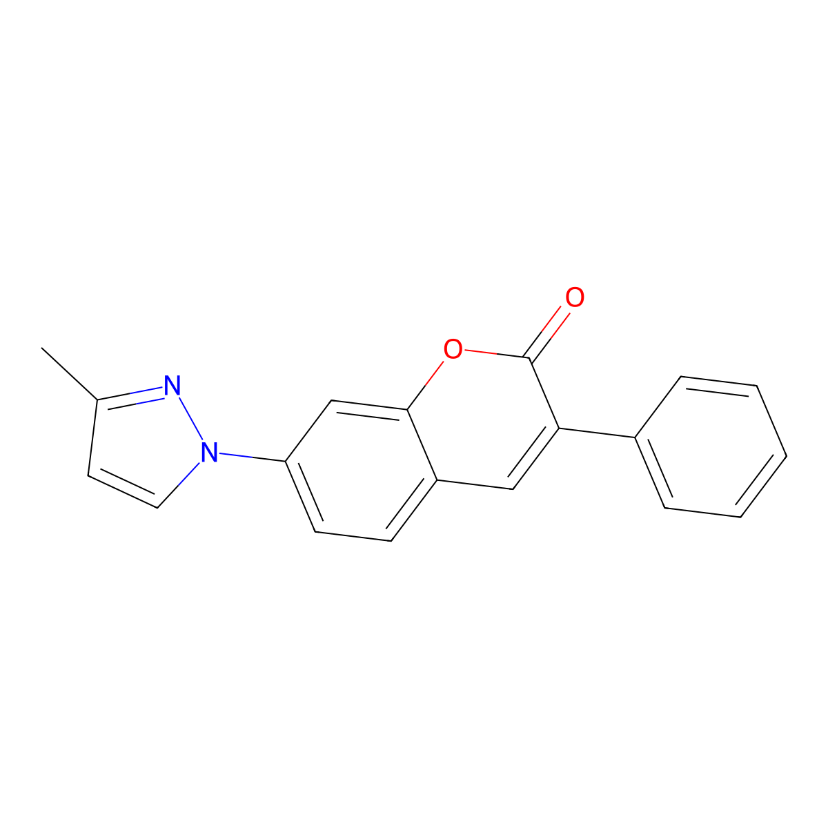 2H-1-Benzopyran-2-one, 7-(3-methyl-1H-pyrazol-1-yl)-3-phenyl- molecular structure, CAS 34742-12-6