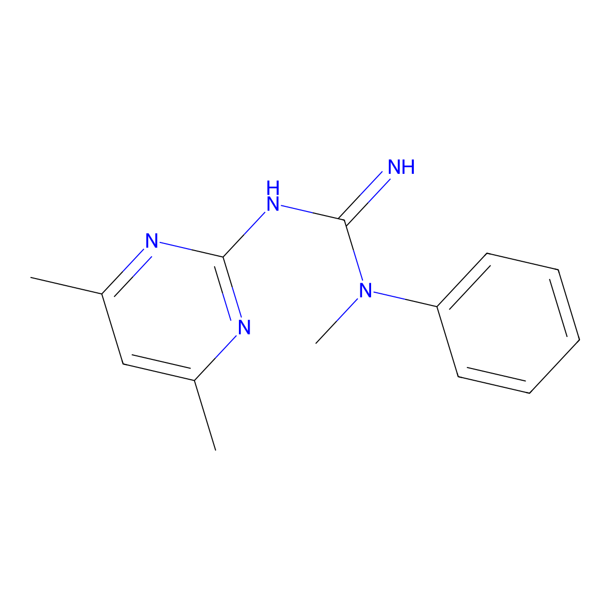 N'-(4,6-dimethylpyrimidin-2-yl)-N-methyl-N-phenylguanidine molecular structure, CAS 34747-68-7