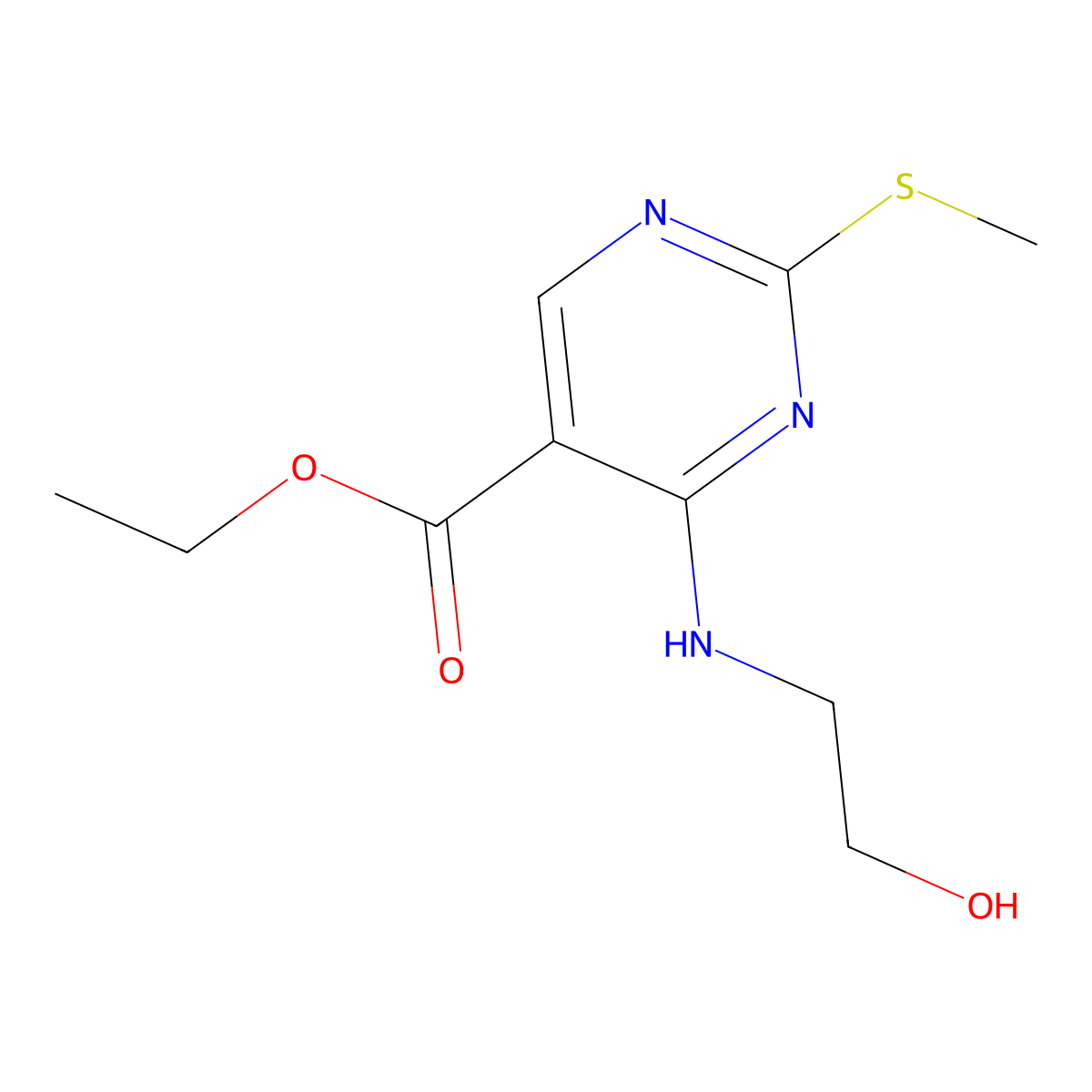 Ethyl 4-[(2-hydroxyethyl)amino]-2-(methylsulfanyl)pyrimidine-5-carboxylate molecular structure, CAS 34750-55-5