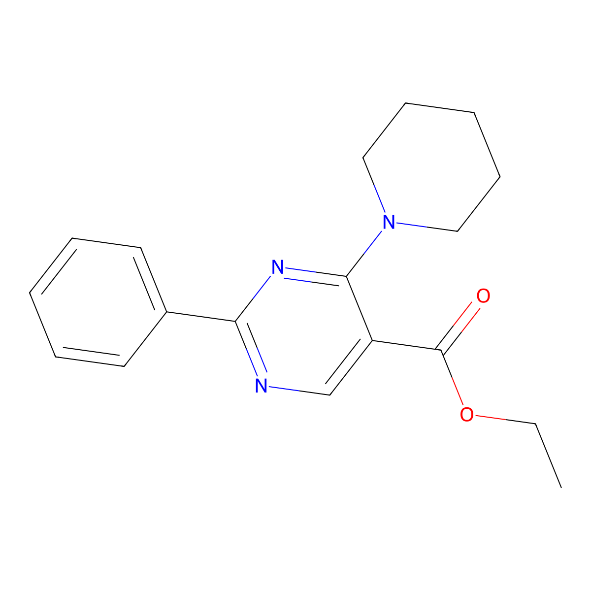 Ethyl 2-phenyl-4-(1-piperidinyl)-5-pyrimidinecarboxylate molecular structure, CAS 34753-22-5