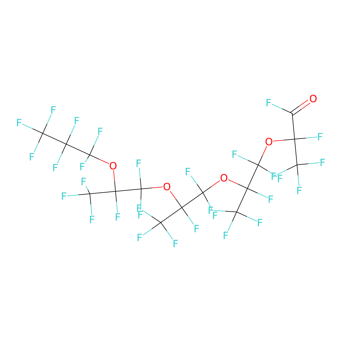 2,4,4,5,7,7,8,10,10,11,13,13,14,14,15,15,15-Heptadecafluoro-2,5,8,11-tetrakis(trifluoromethyl)-3,6,9,12-tetraoxapentadecanoyl fluoride molecular structure, CAS 34761-47-2