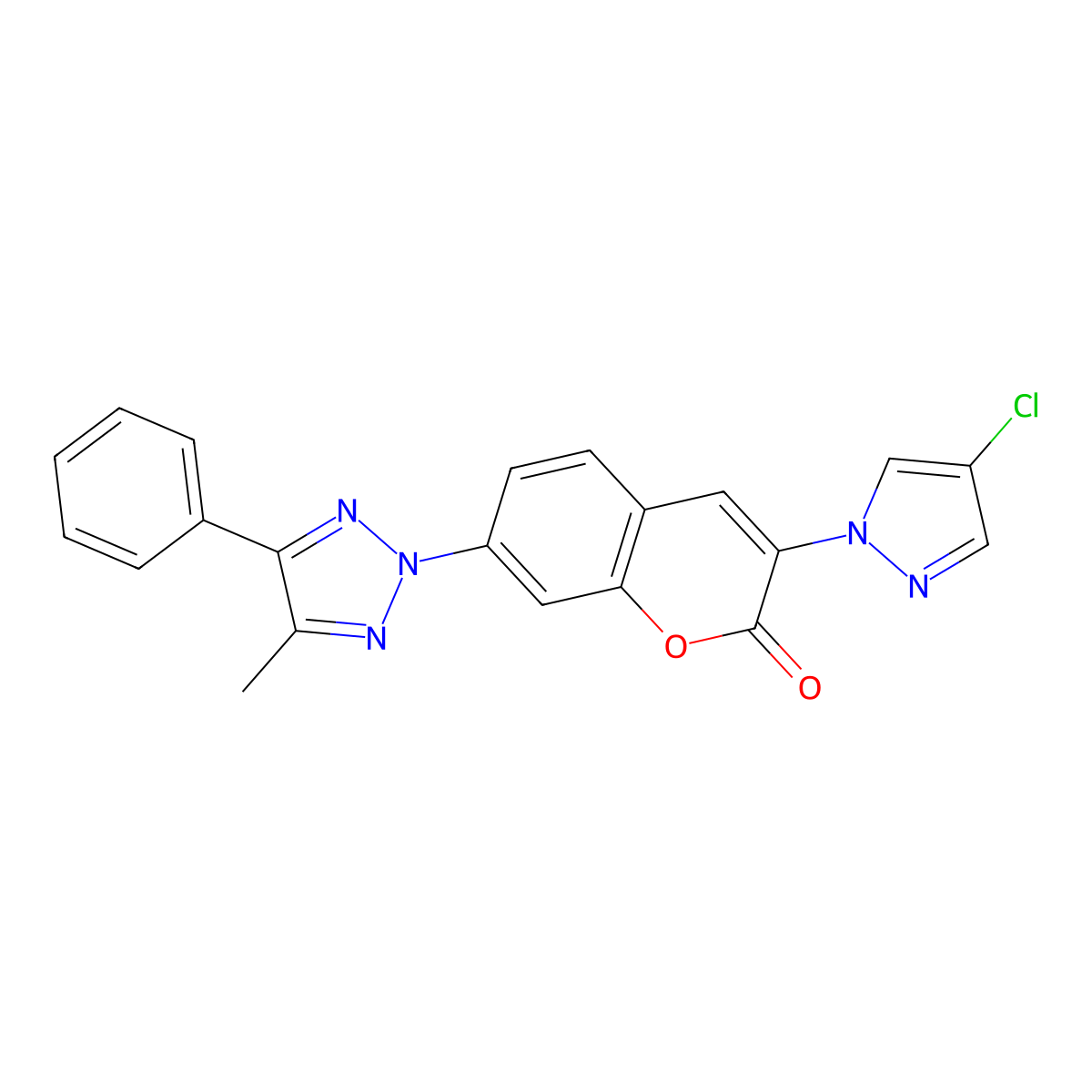 2H-1-Benzopyran-2-one, 3-(4-chloro-1H-pyrazol-1-yl)-7-(4-methyl-5-phenyl-2H-1,2,3-triazol-2-yl)- molecular structure, CAS 34771-66-9