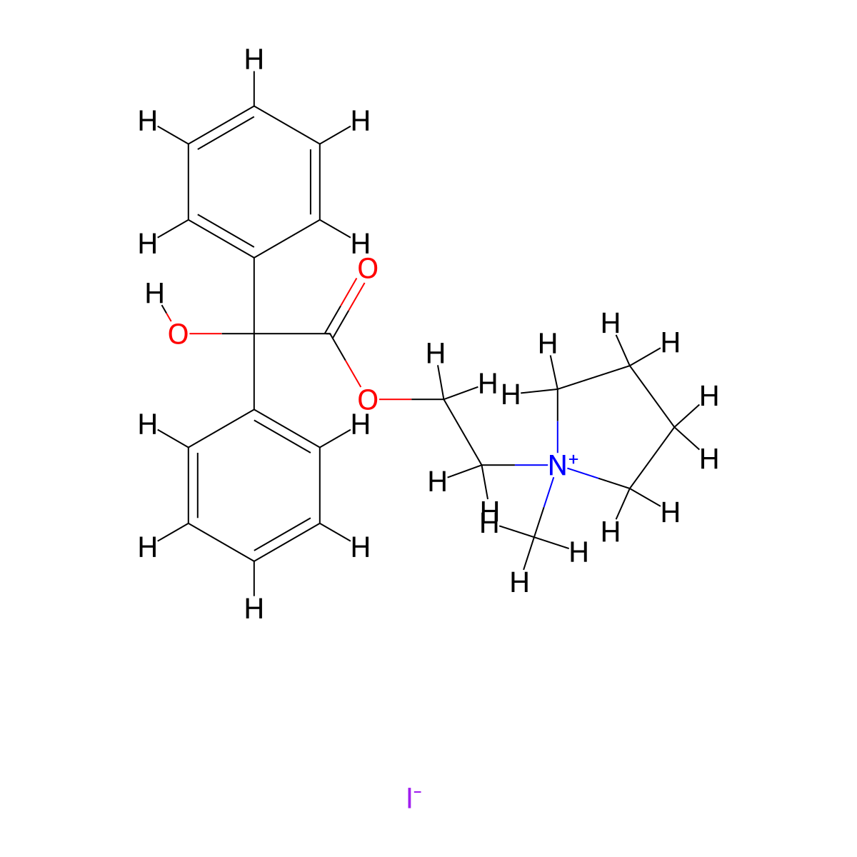 Pyrrolidinium, 1-(2-((2-hydroxy-2,2-diphenylacetyl)oxy)ethyl)-1-methyl-, iodide (1:1) molecular structure, CAS 3478-15-7