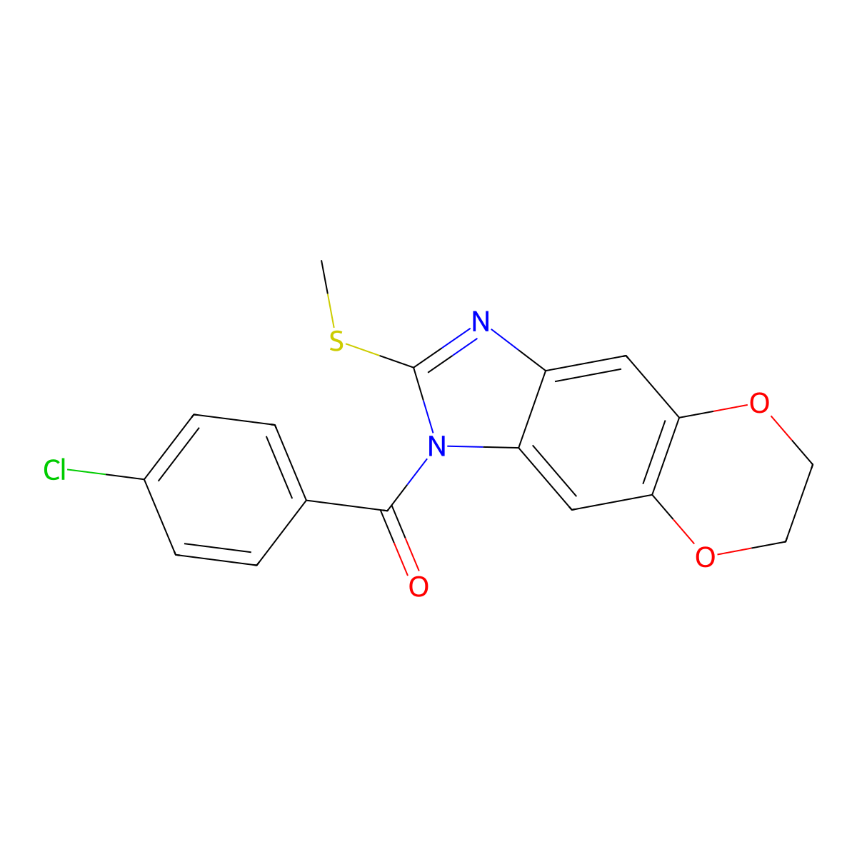 1-(4-chlorobenzoyl)-6,7-dihydro-1H-[1,4]dioxino[2,3-f]benzimidazol-2-yl methyl sulfide molecular structure, CAS 347847-53-4