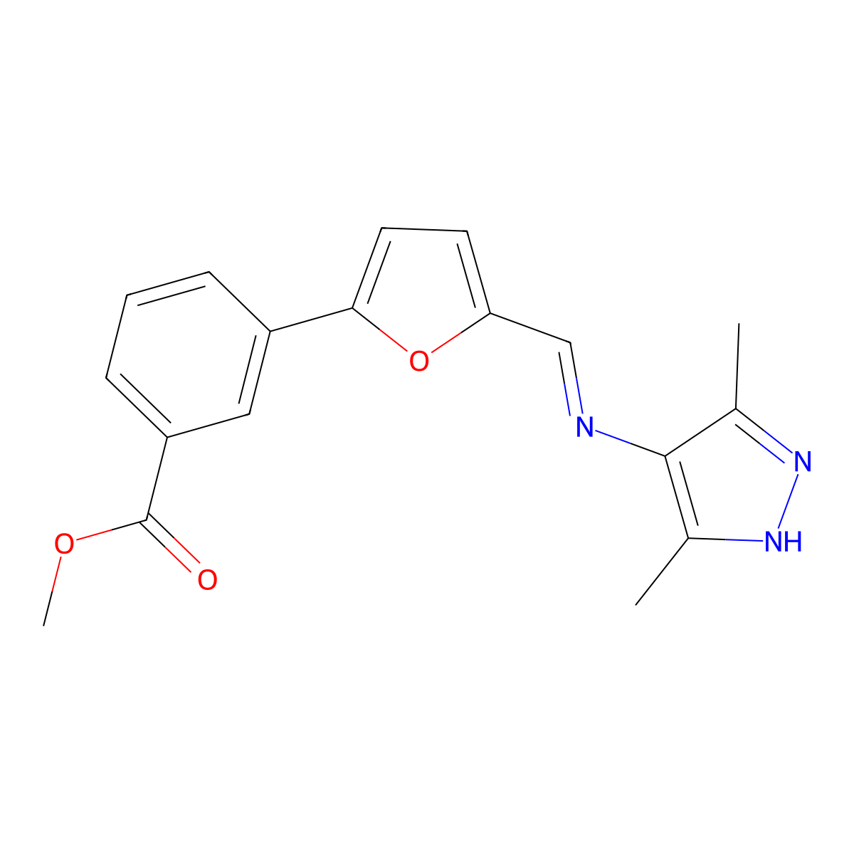 methyl3-(5-{[(3,5-dimethyl-1H-pyrazol-4-yl)imino]methyl}-2-furyl)benzoate molecular structure, CAS 347874-67-3