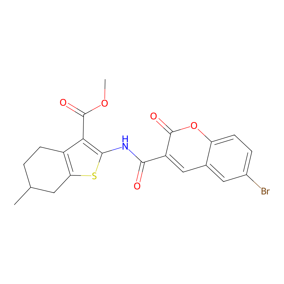 methyl 2-{[(6-bromo-2-oxo-2H-chromen-3-yl)carbonyl]amino}-6-methyl-4,5,6,7-tetrahydro-1-benzothiophene-3-carboxylate molecular structure, CAS 347913-71-7