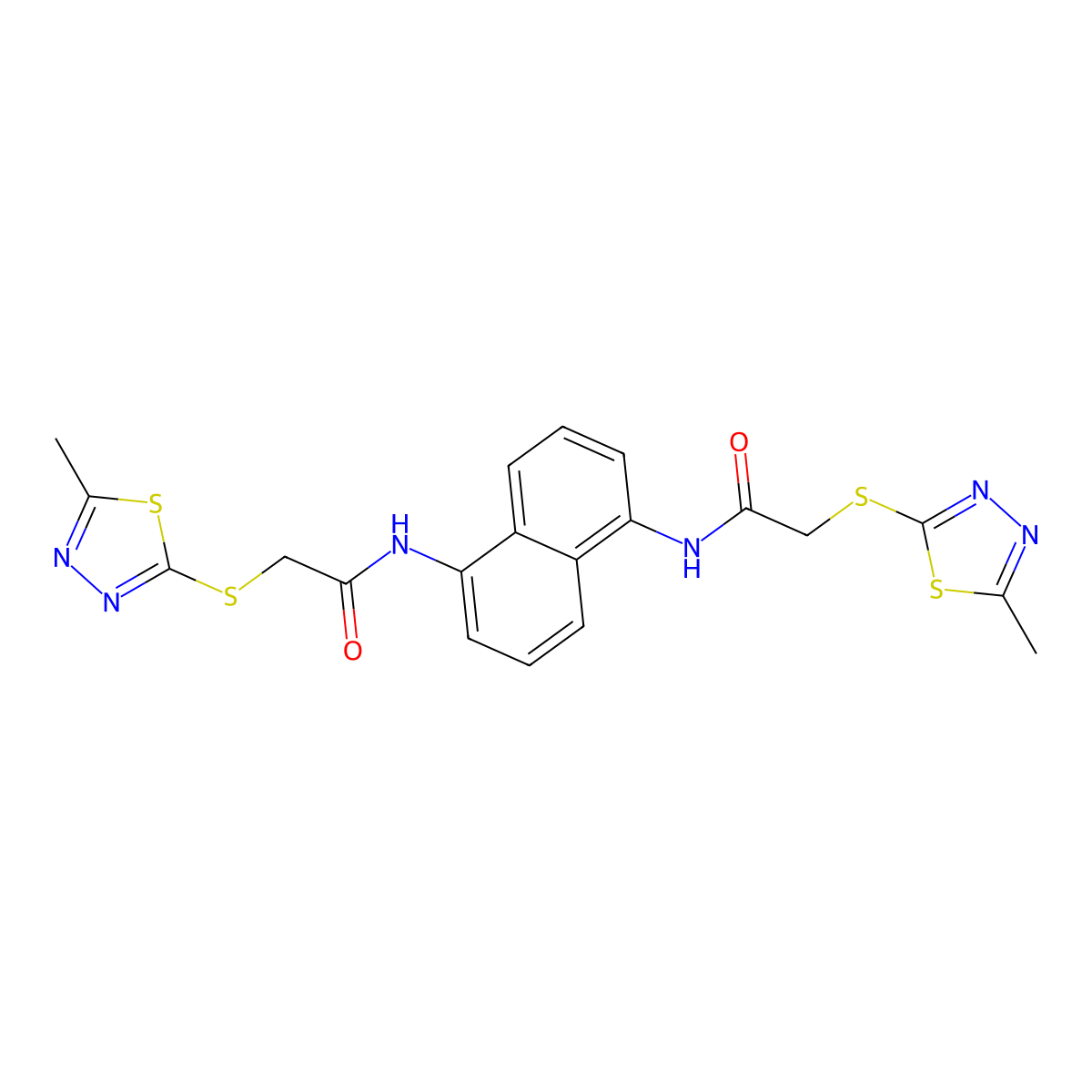 2-[(5-methyl-1,3,4-thiadiazol-2-yl)sulfanyl]-N-[5-[[2-[(5-methyl-1,3,4-thiadiazol-2-yl)sulfanyl]acetyl]amino]naphthalen-1-yl]acetamide molecular structure, CAS 348140-39-6