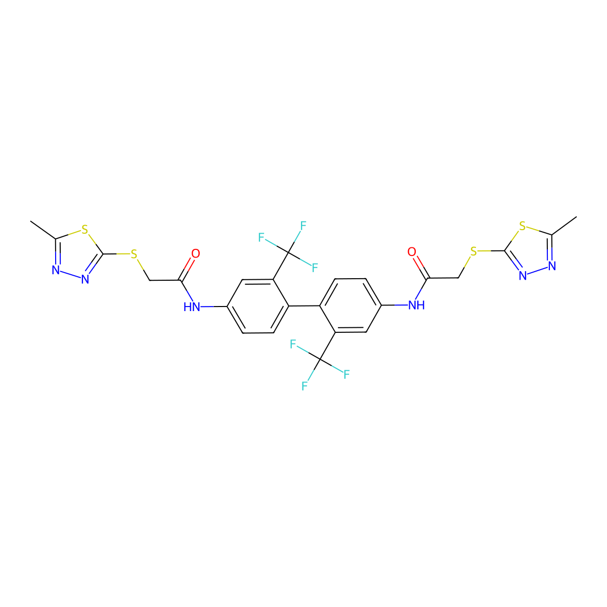 2-[(5-methyl-1,3,4-thiadiazol-2-yl)sulfanyl]-N-[4-[4-[[2-[(5-methyl-1,3,4-thiadiazol-2-yl)sulfanyl]acetyl]amino]-2-(trifluoromethyl)phenyl]-3-(trifluoromethyl)phenyl]acetamide molecular structure, CAS 348140-49-8