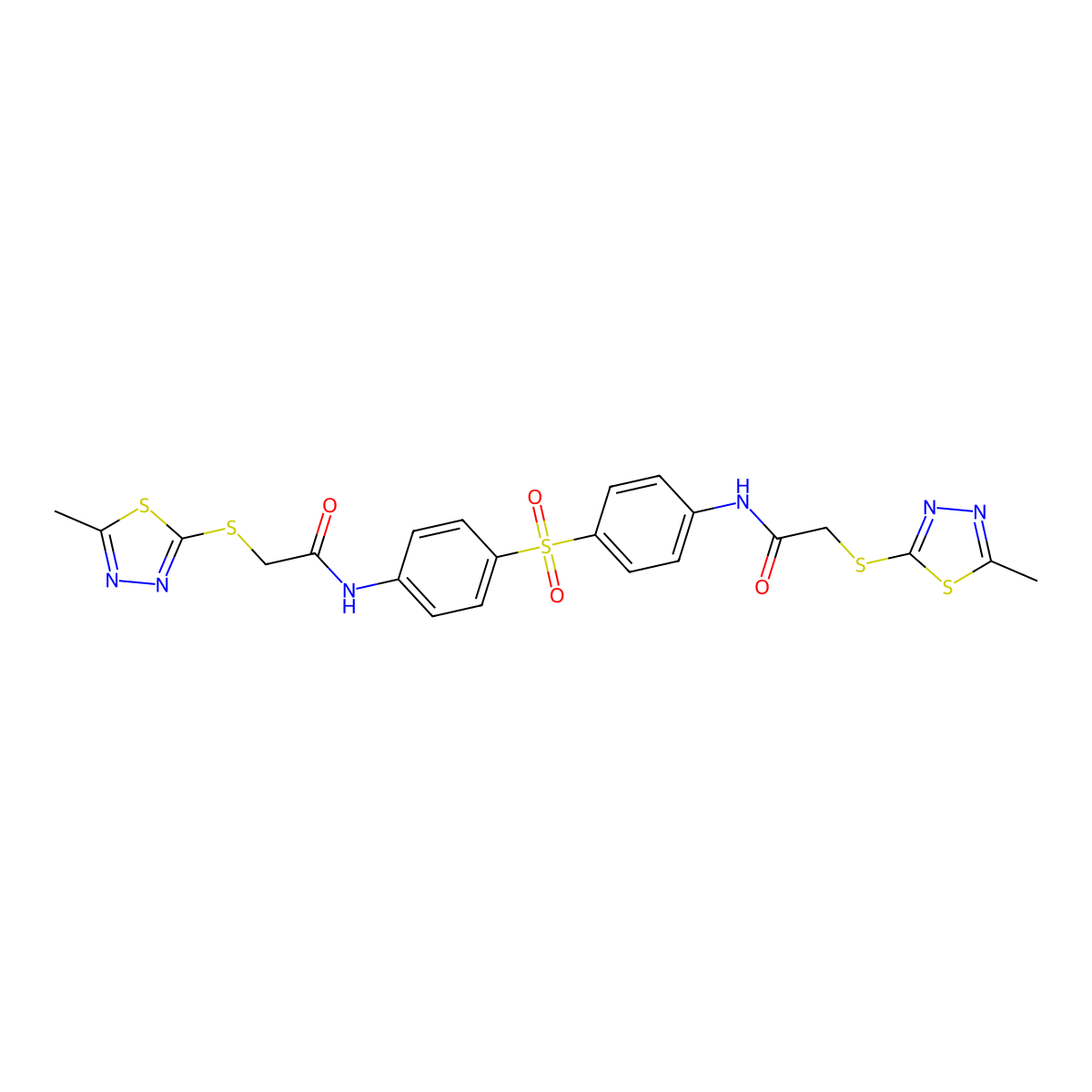2-[(5-methyl-1,3,4-thiadiazol-2-yl)sulfanyl]-N-[4-[4-[[2-[(5-methyl-1,3,4-thiadiazol-2-yl)sulfanyl]acetyl]amino]phenyl]sulfonylphenyl]acetamide molecular structure, CAS 348141-51-5