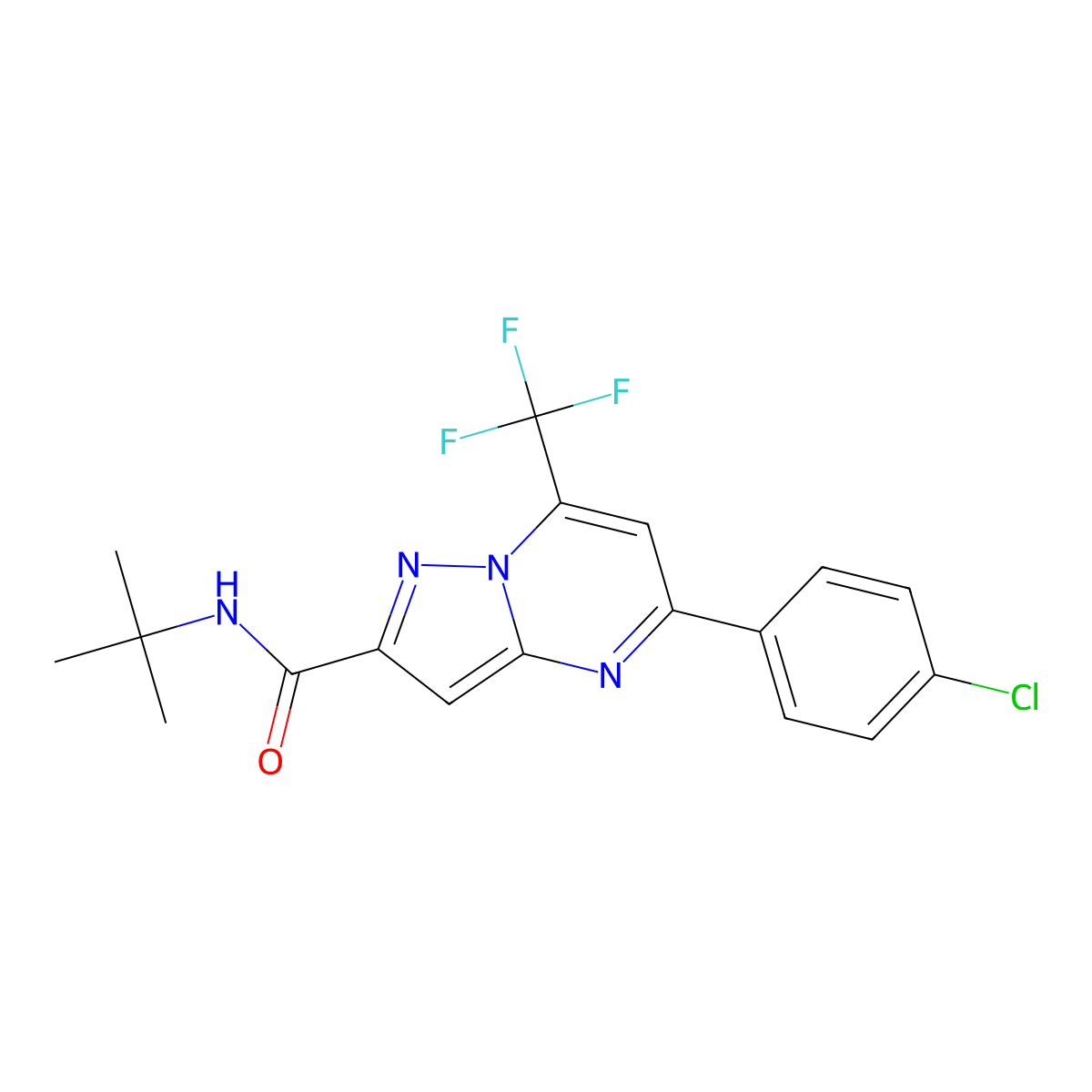 N-tert-butyl-5-(4-chlorophenyl)-7-(trifluoromethyl)pyrazolo[1,5-a]pyrimidine-2-carboxamide molecular structure, CAS 348146-84-9