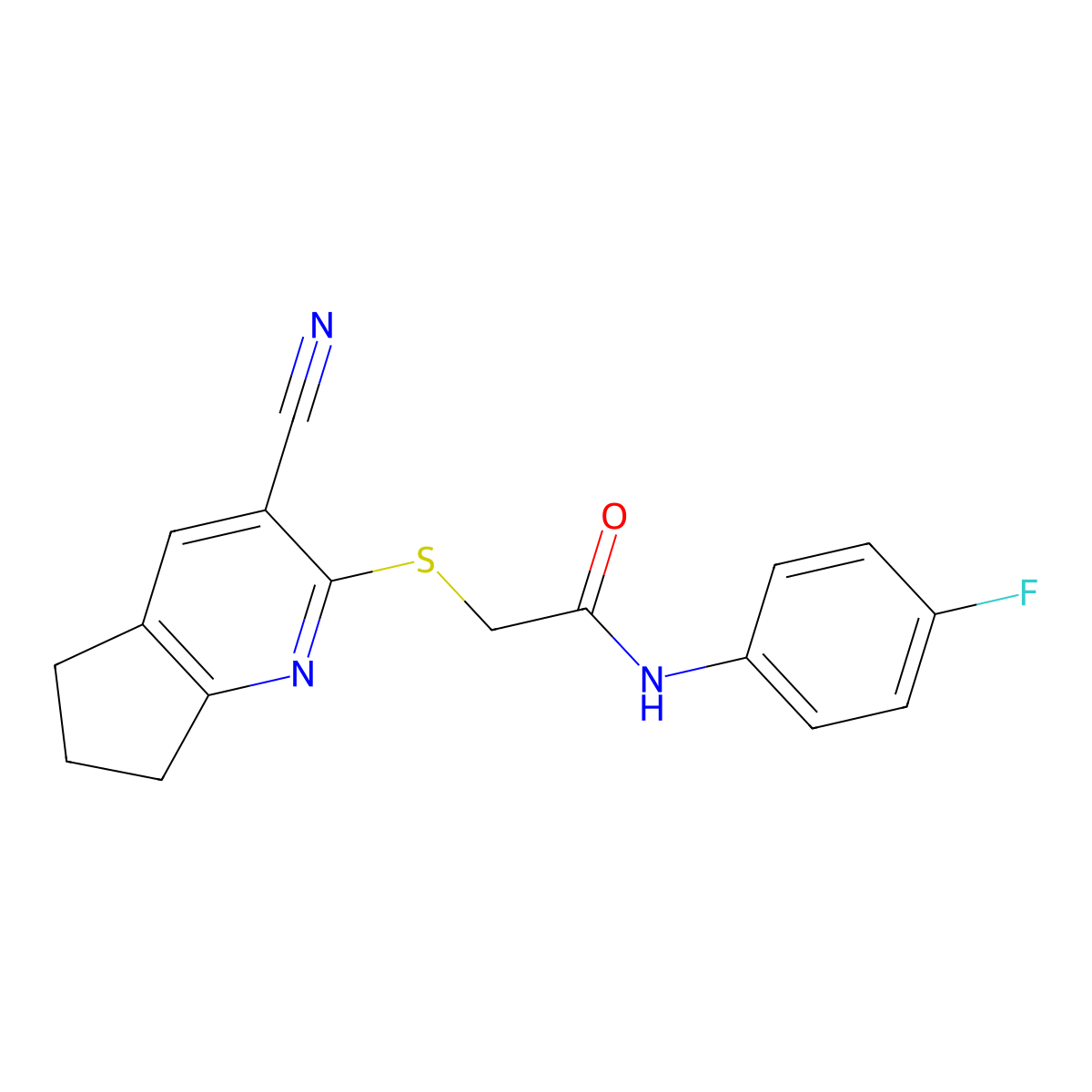 2-[(3-cyano-6,7-dihydro-5H-cyclopenta[b]pyridin-2-yl)sulfanyl]-N-(4-fluorophenyl)acetamide molecular structure, CAS 348147-54-6