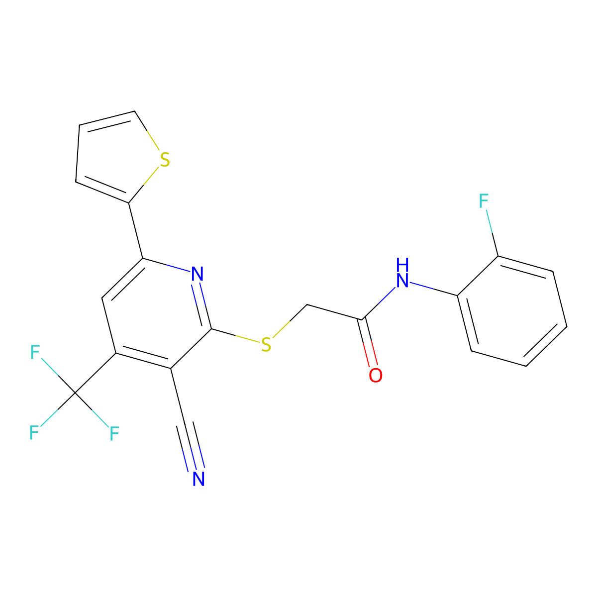 2-((3-Cyano-6-(2-thienyl)-4-(tri-F-ME)-2-pyridinyl)thio)-N-(2-F-PH)acetamide molecular structure, CAS 348147-92-2
