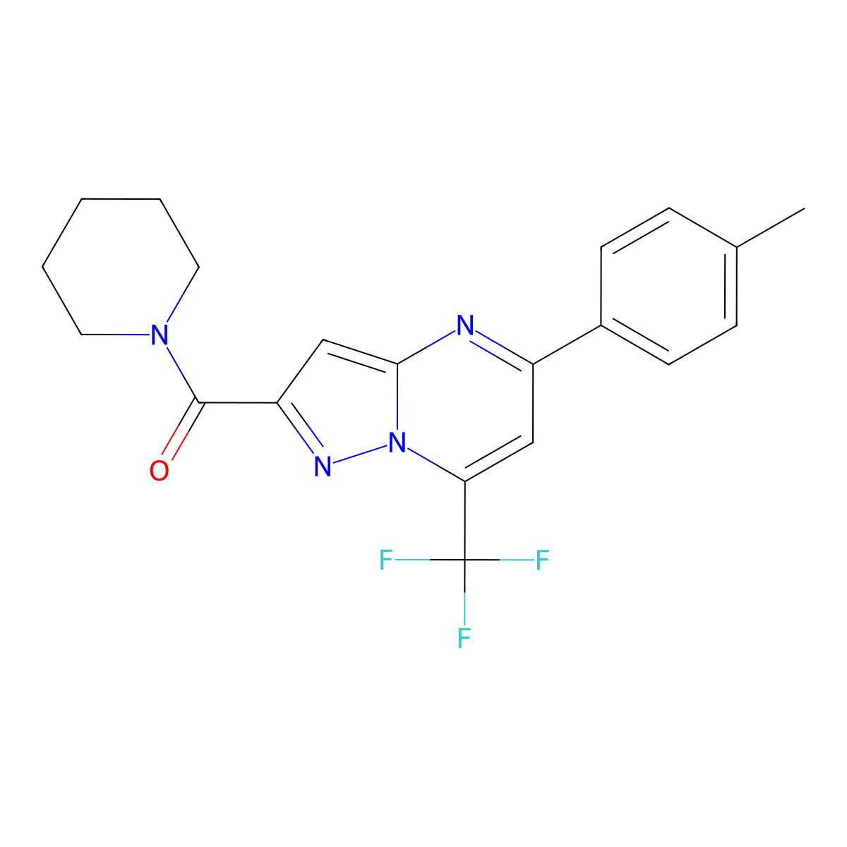 5-(4-Methylphenyl)-2-(1-piperidinylcarbonyl)-7-(trifluoromethyl)pyrazolo[1,5-a]pyrimidine molecular structure, CAS 348151-19-9