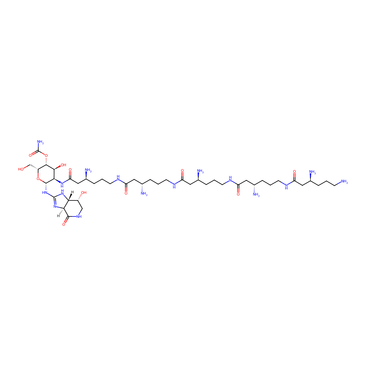 (3aS,7R,7aS)-2-((4-O-(Aminocarbonyl)-2-deoxy-2-(((3S,10S,17S,24S,31S)-3,10,17,24,31,34-hexaamino-1,8,15,22,29-pentaoxo-7,14,21,28-tetraazatetratriacont-1-yl)amino)-beta-D-gulopyranosyl)amino)-3,3a,5,6,7,7a-hexahydro-7-hydroxy-4H-imidazo(4,5-c)pyridin-4-one molecular structure, CAS 3484-68-2