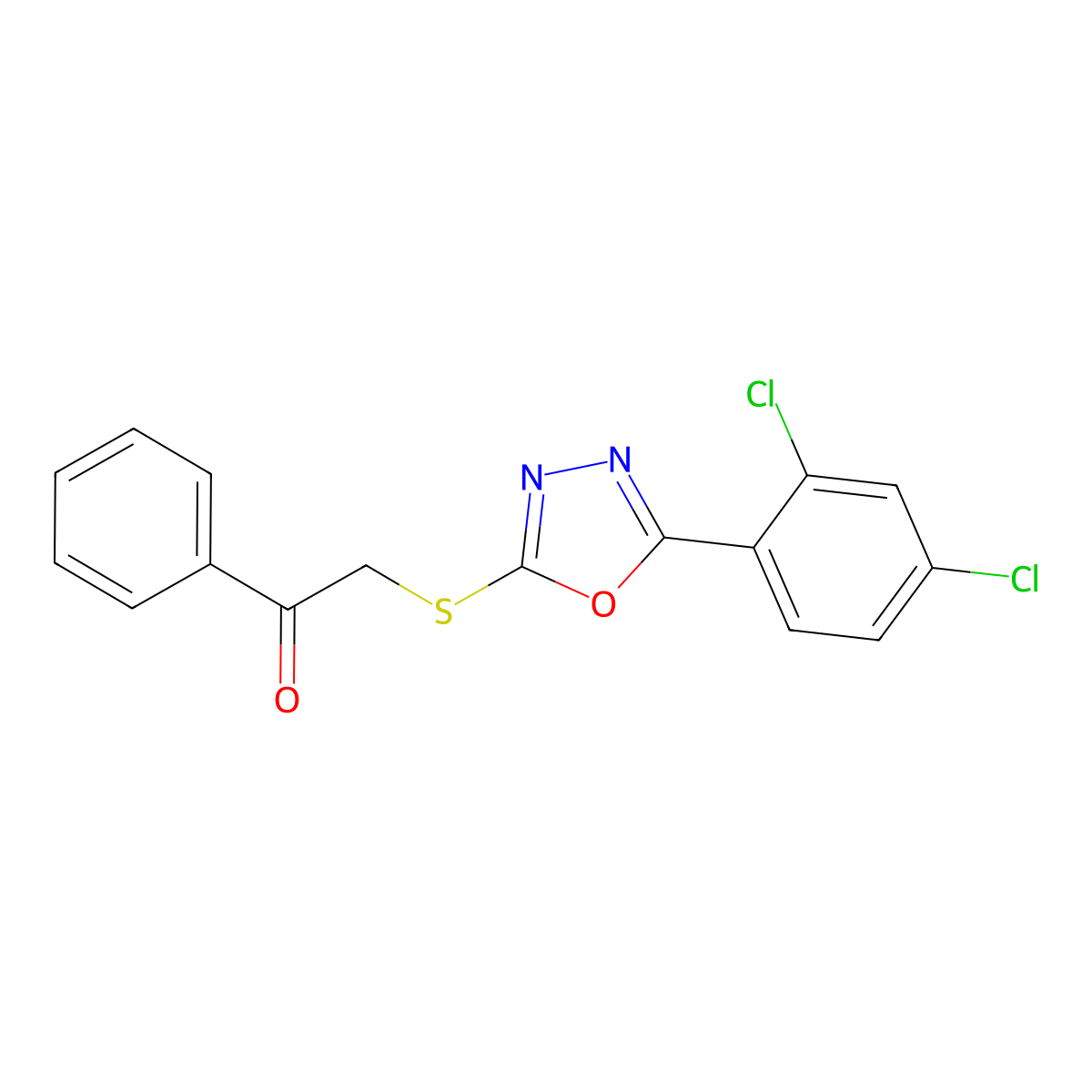 2-((5-(2,4-Dichlorophenyl)-1,3,4-oxadiazol-2-yl)thio)-1-phenylethanone molecular structure, CAS 348593-64-6