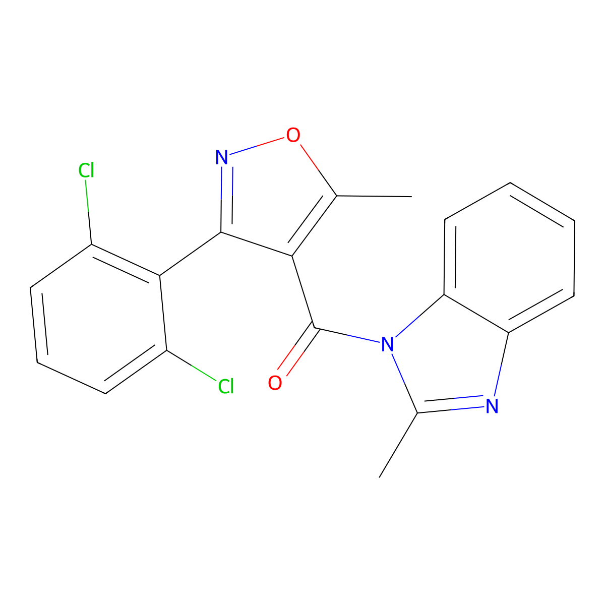 [3-(2,6-Dichlorophenyl)-5-methyl-1,2-oxazol-4-yl]-(2-methylbenzimidazol-1-yl)methanone molecular structure, CAS 349085-46-7