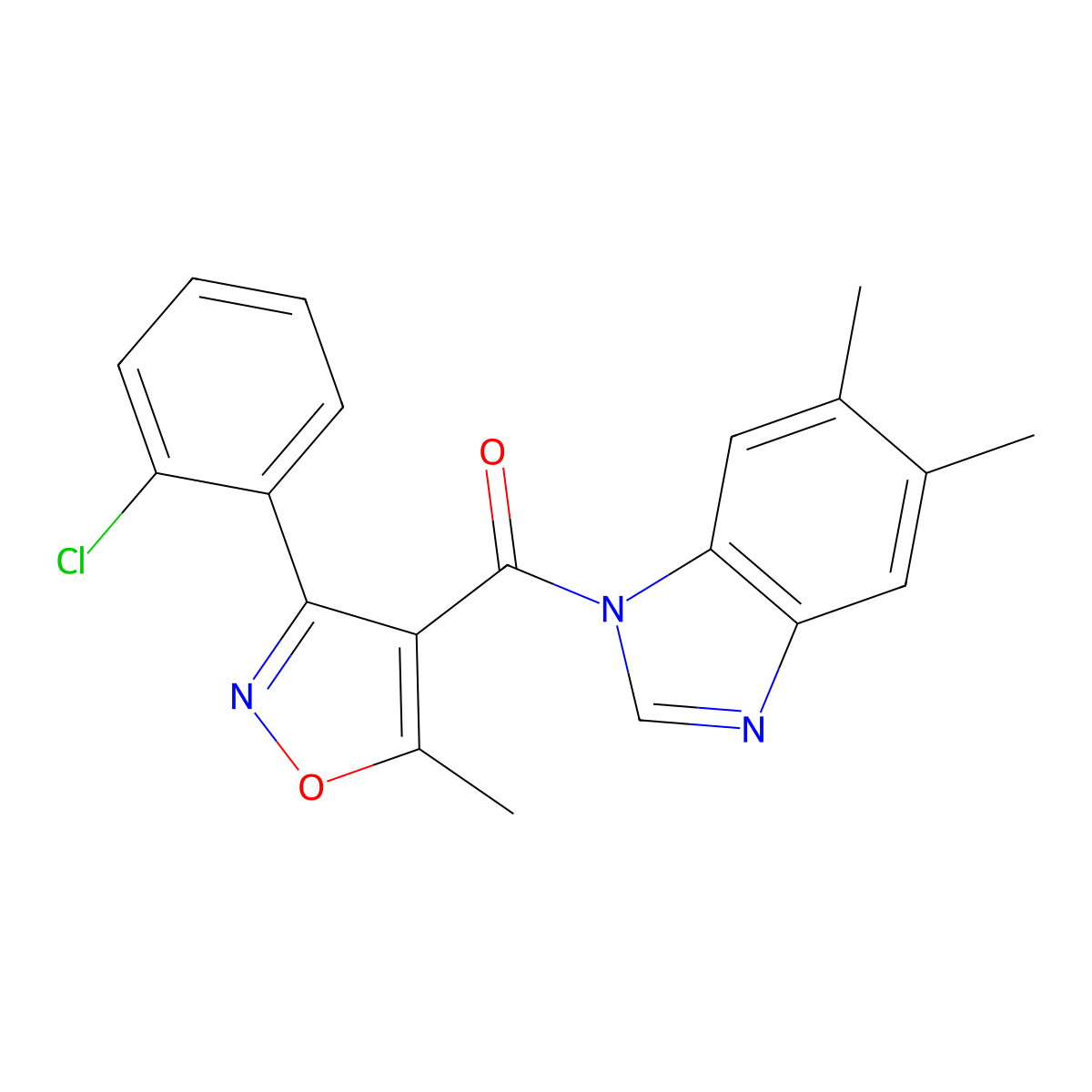 [3-(2-Chlorophenyl)-5-methyl-1,2-oxazol-4-yl]-(5,6-dimethylbenzimidazol-1-yl)methanone molecular structure, CAS 349137-71-9