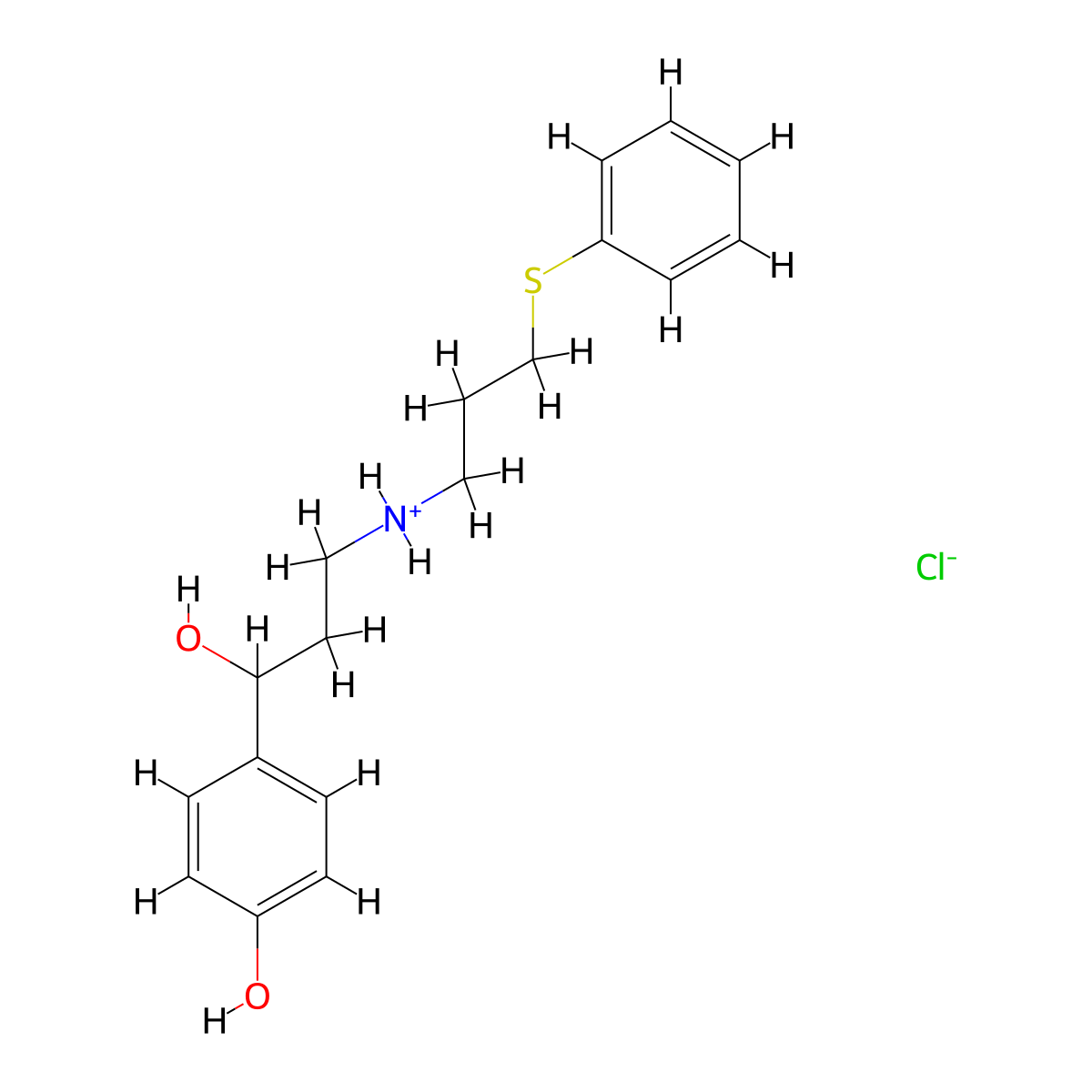 4-(1-Hydroxy-3-((3-(phenylsulfanyl)propyl)amino)propyl)phenol--hydrogen chloride (1/1) molecular structure, CAS 34920-64-4