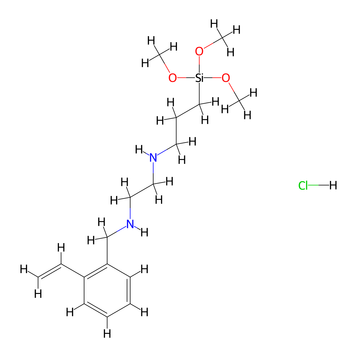 1,2-Ethanediamine, N1-[(ethenylphenyl)methyl]-N2-[3-(trimethoxysilyl)propyl]-, hydrochloride (1:1) molecular structure, CAS 34937-00-3