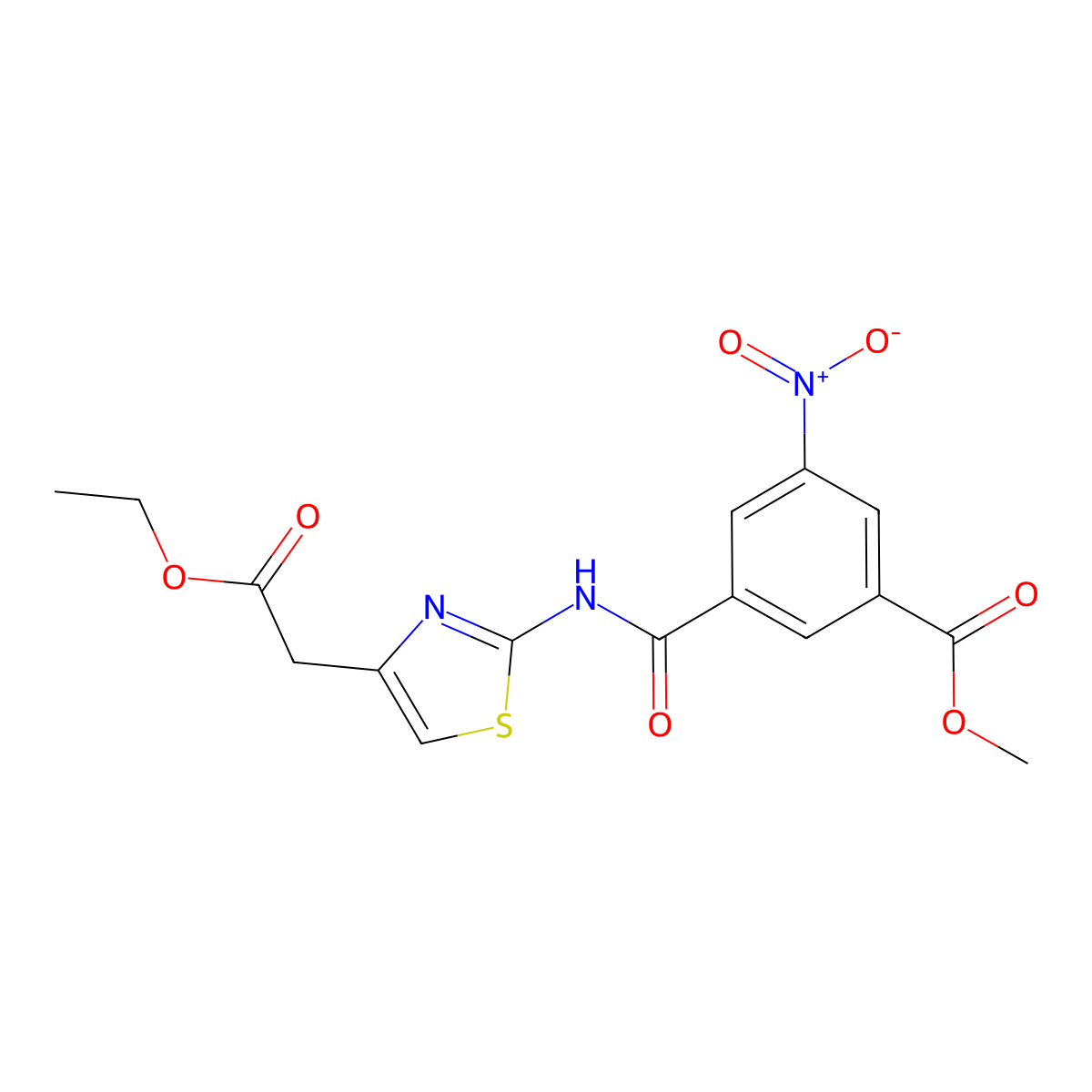 Methyl 3-[[4-(2-ethoxy-2-oxoethyl)-1,3-thiazol-2-yl]carbamoyl]-5-nitrobenzoate molecular structure, CAS 349439-91-4