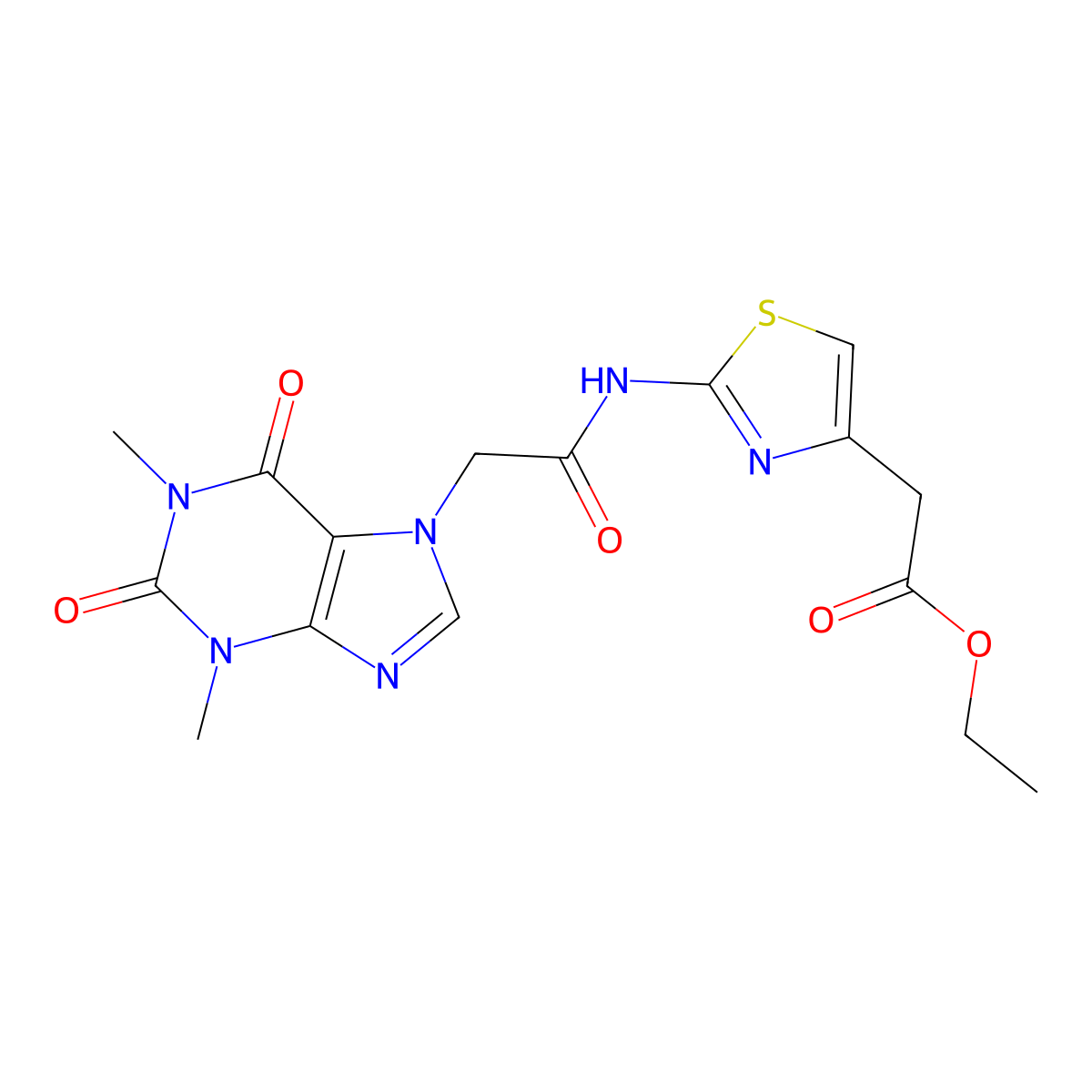 Ethyl 2-[2-[[2-(1,3-dimethyl-2,6-dioxopurin-7-yl)acetyl]amino]-1,3-thiazol-4-yl]acetate molecular structure, CAS 349441-30-1