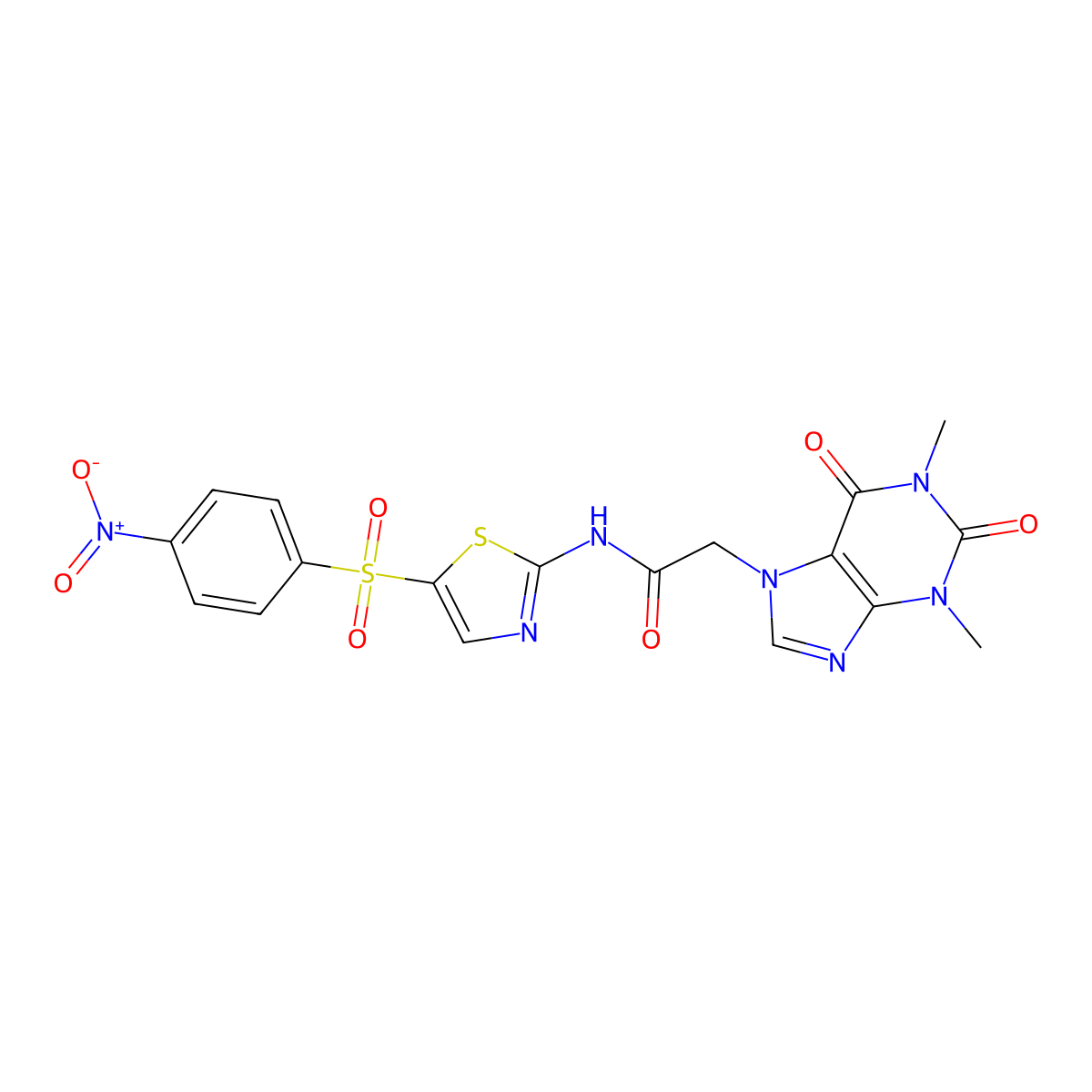 2-(1,3-dimethyl-2,6-dioxo-1,2,3,6-tetrahydro-7H-purin-7-yl)-N-{5-[(4-nitrophenyl)sulfonyl]-1,3-thiazol-2-yl}acetamide molecular structure, CAS 349441-37-8
