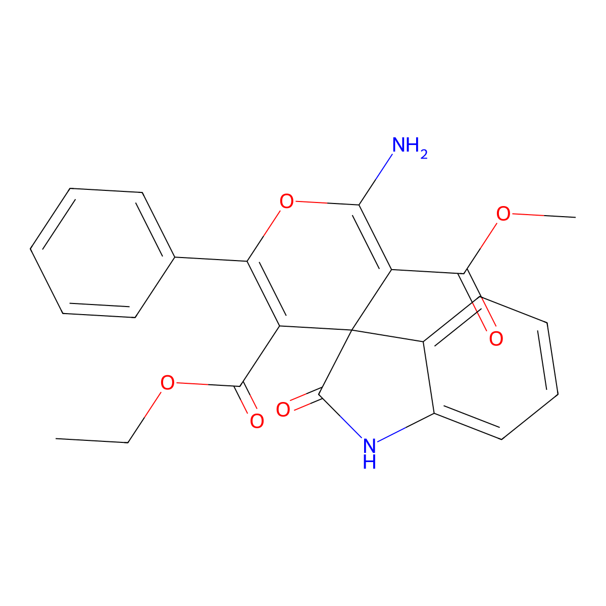 5-O'-ethyl 3-O'-methyl 2'-amino-2-oxo-6'-phenylspiro[1H-indole-3,4'-pyran]-3',5'-dicarboxylate molecular structure, CAS 349444-24-2