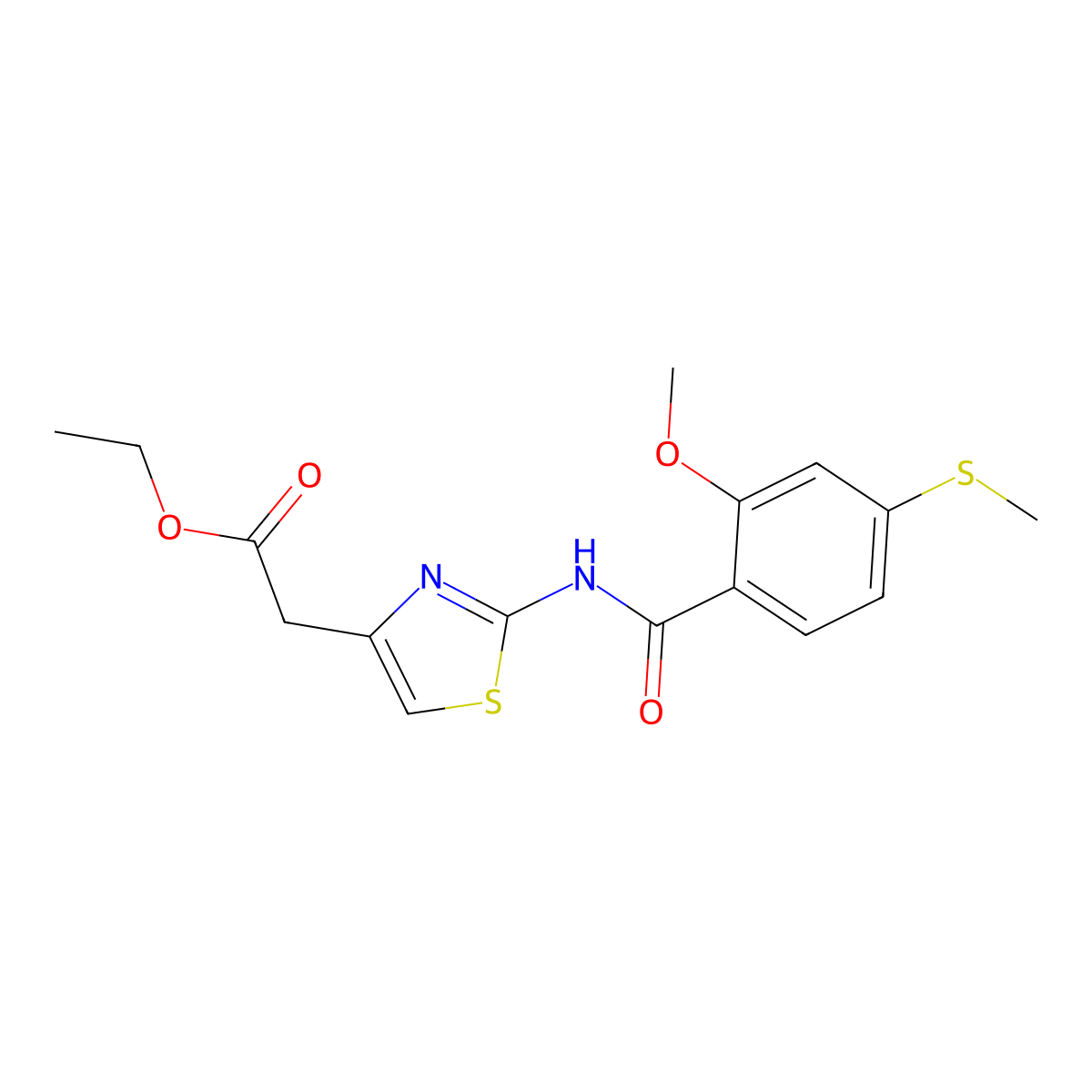 Ethyl 2-[2-[(2-methoxy-4-methylsulfanylbenzoyl)amino]-1,3-thiazol-4-yl]acetate molecular structure, CAS 349540-79-0