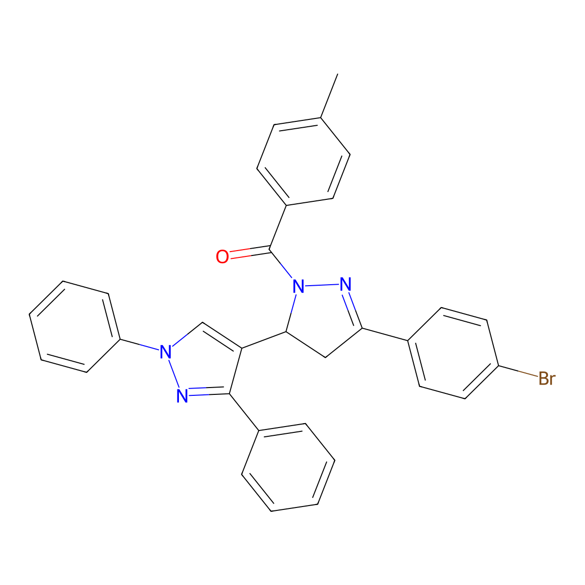 [5-(4-Bromophenyl)-3-(1,3-diphenylpyrazol-4-yl)-3,4-dihydropyrazol-2-yl]-(4-methylphenyl)methanone molecular structure, CAS 349549-16-2