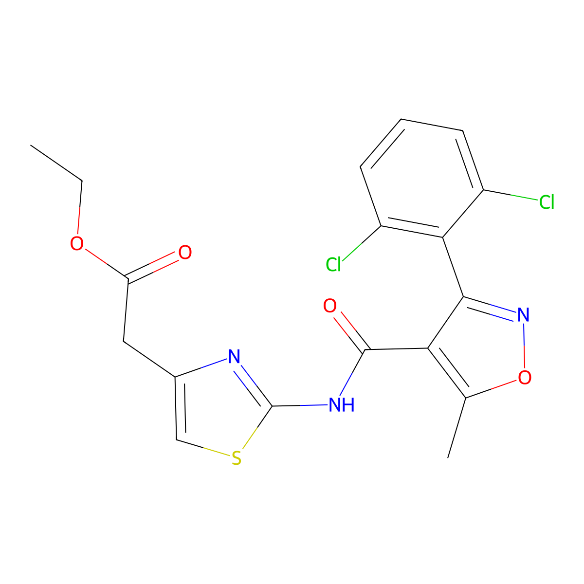 (2-{[3-(2,6-Dichloro-phenyl)-5-methyl-isoxazole-4-carbonyl]-amino}-thiazol-4-yl)-acetic acid ethyl ester molecular structure, CAS 349613-79-2
