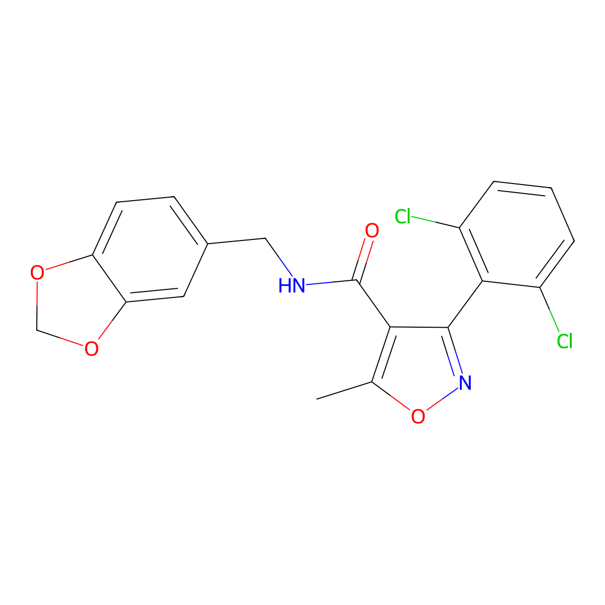 N-(1,3-benzodioxol-5-ylmethyl)-3-(2,6-dichlorophenyl)-5-methyl-1,2-oxazole-4-carboxamide molecular structure, CAS 349613-94-1