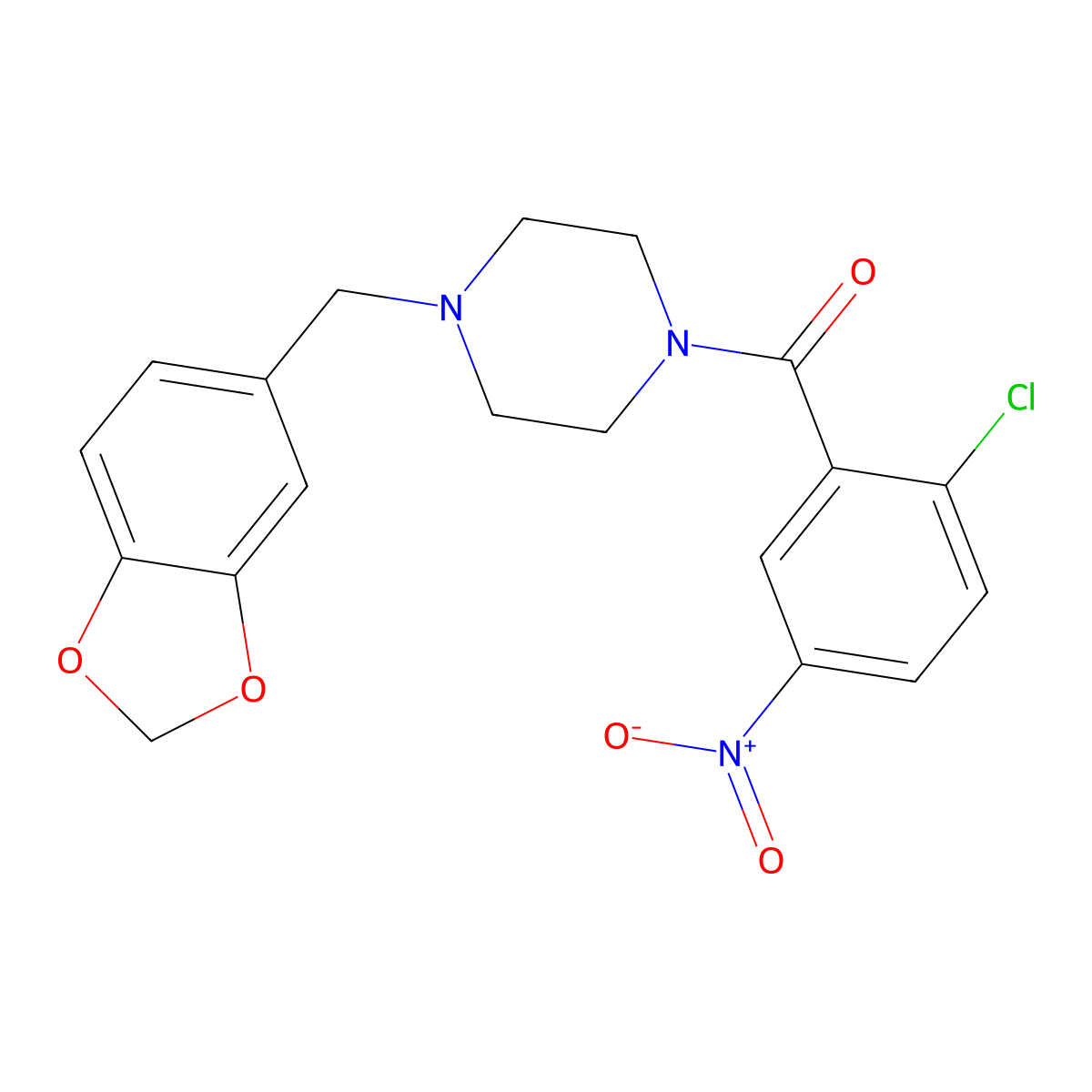 [4-(1,3-Benzodioxol-5-ylmethyl)piperazin-1-yl]-(2-chloro-5-nitrophenyl)methanone molecular structure, CAS 349615-39-0