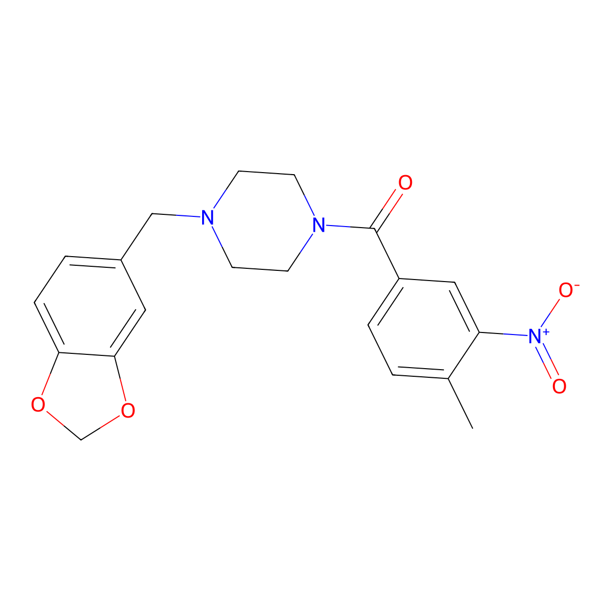 [4-(1,3-Benzodioxol-5-ylmethyl)piperazin-1-yl]-(4-methyl-3-nitrophenyl)methanone molecular structure, CAS 349616-77-9