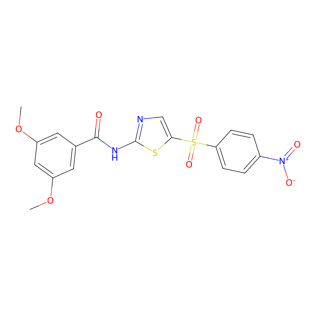 3,5-dimethoxy-N-(5-((4-nitrophenyl)sulfonyl)thiazol-2-yl)benzamide molecular structure, CAS 349618-33-3