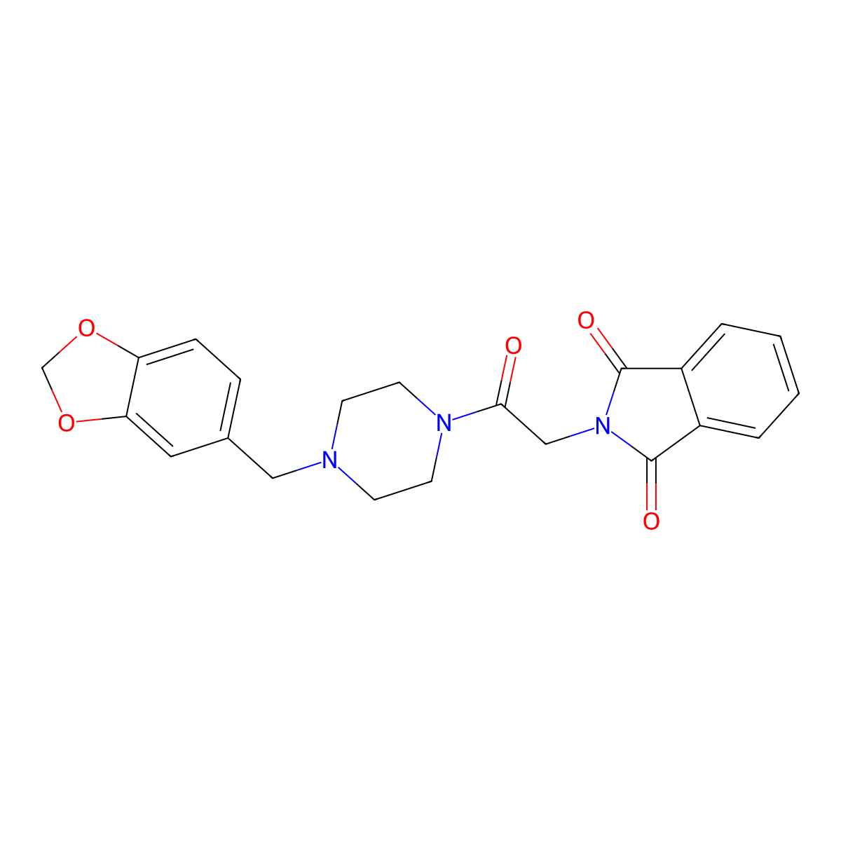 2-(2-(4-(Benzo[d][1,3]dioxol-5-ylmethyl)piperazin-1-yl)-2-oxoethyl)isoindoline-1,3-dione molecular structure, CAS 349637-01-0