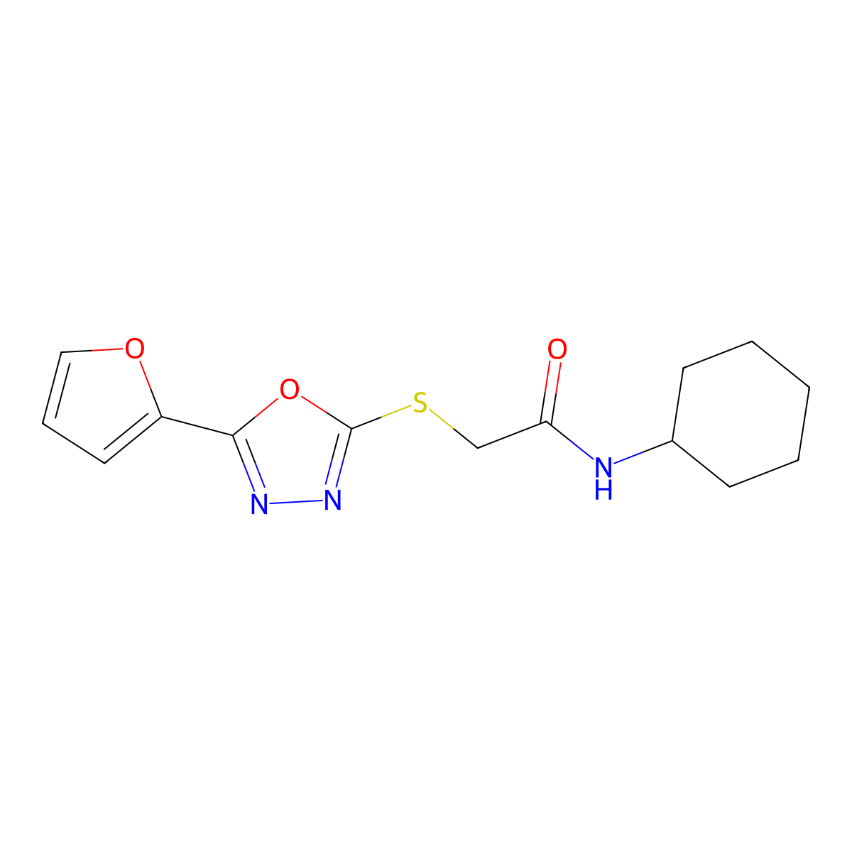 N-cyclohexyl-2-{[5-(furan-2-yl)-1,3,4-oxadiazol-2-yl]sulfanyl}acetamide molecular structure, CAS 350492-89-6