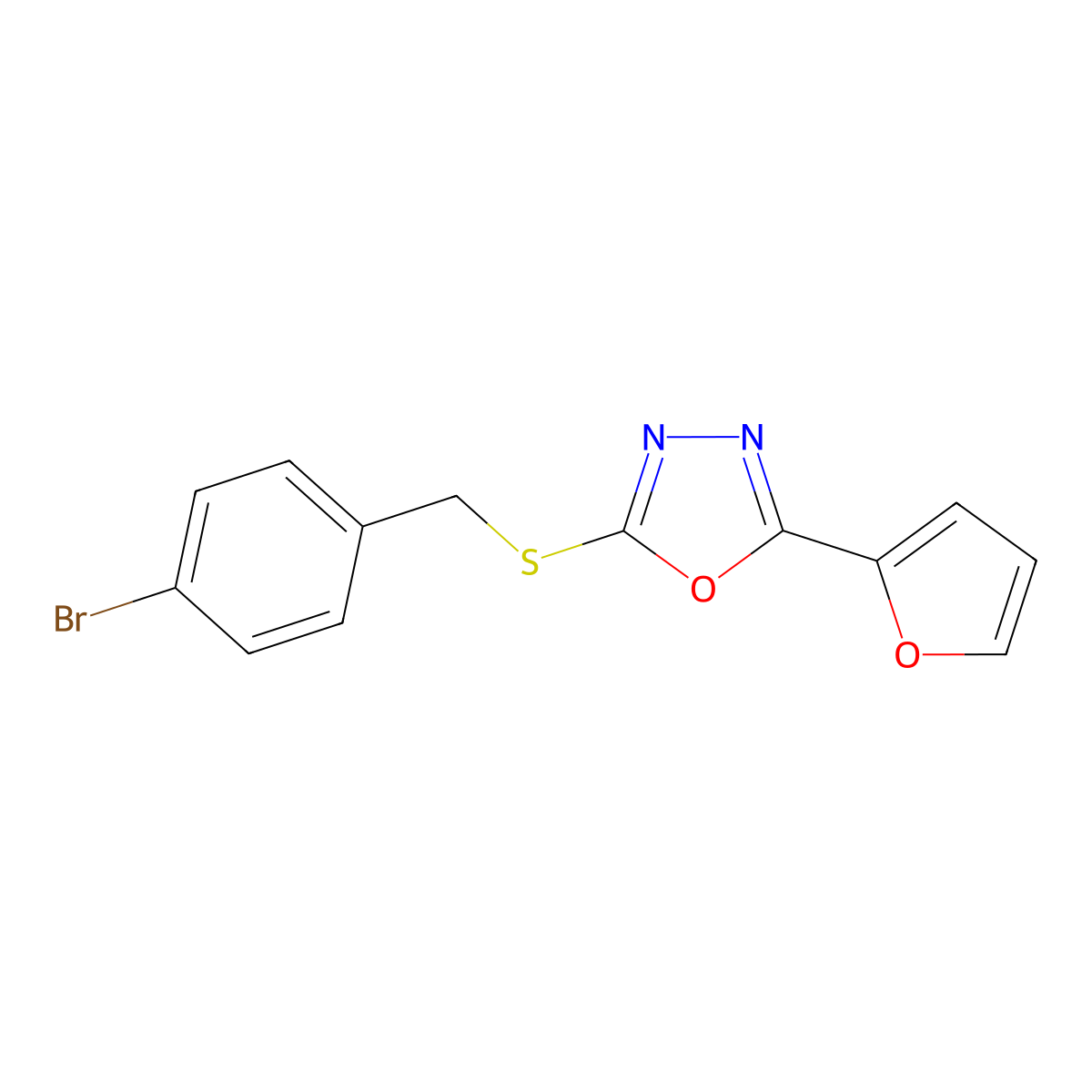 2-[(4-Bromophenyl)methylsulfanyl]-5-(furan-2-yl)-1,3,4-oxadiazole molecular structure, CAS 350497-81-3