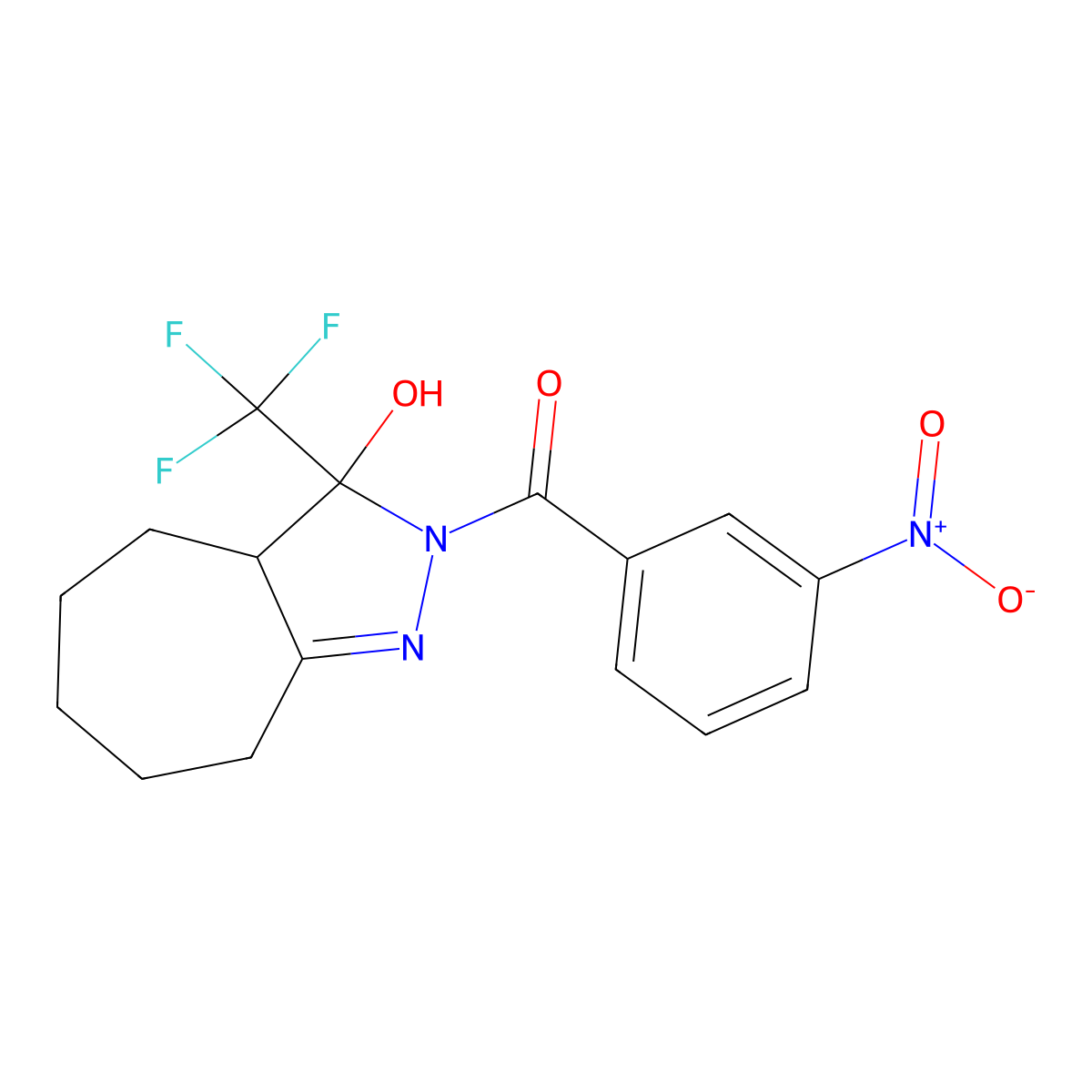 [3-Hydroxy-3-(trifluoromethyl)-3a,4,5,6,7,8-hexahydrocyclohepta[c]pyrazol-2-yl]-(3-nitrophenyl)methanone molecular structure, CAS 350500-79-7